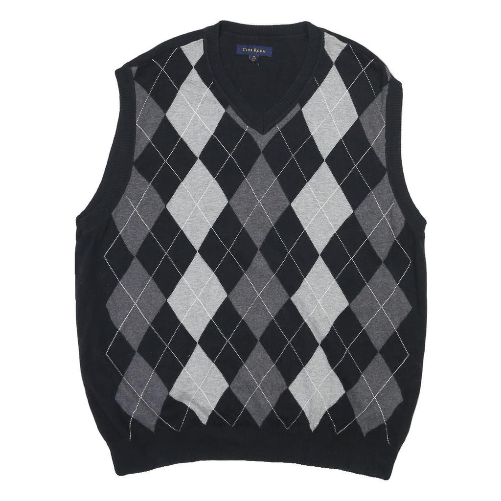 CLUB ROOM Mens Black & Grey Argyle V-Neck Patterned Chunky Knit XL Sweater Vest