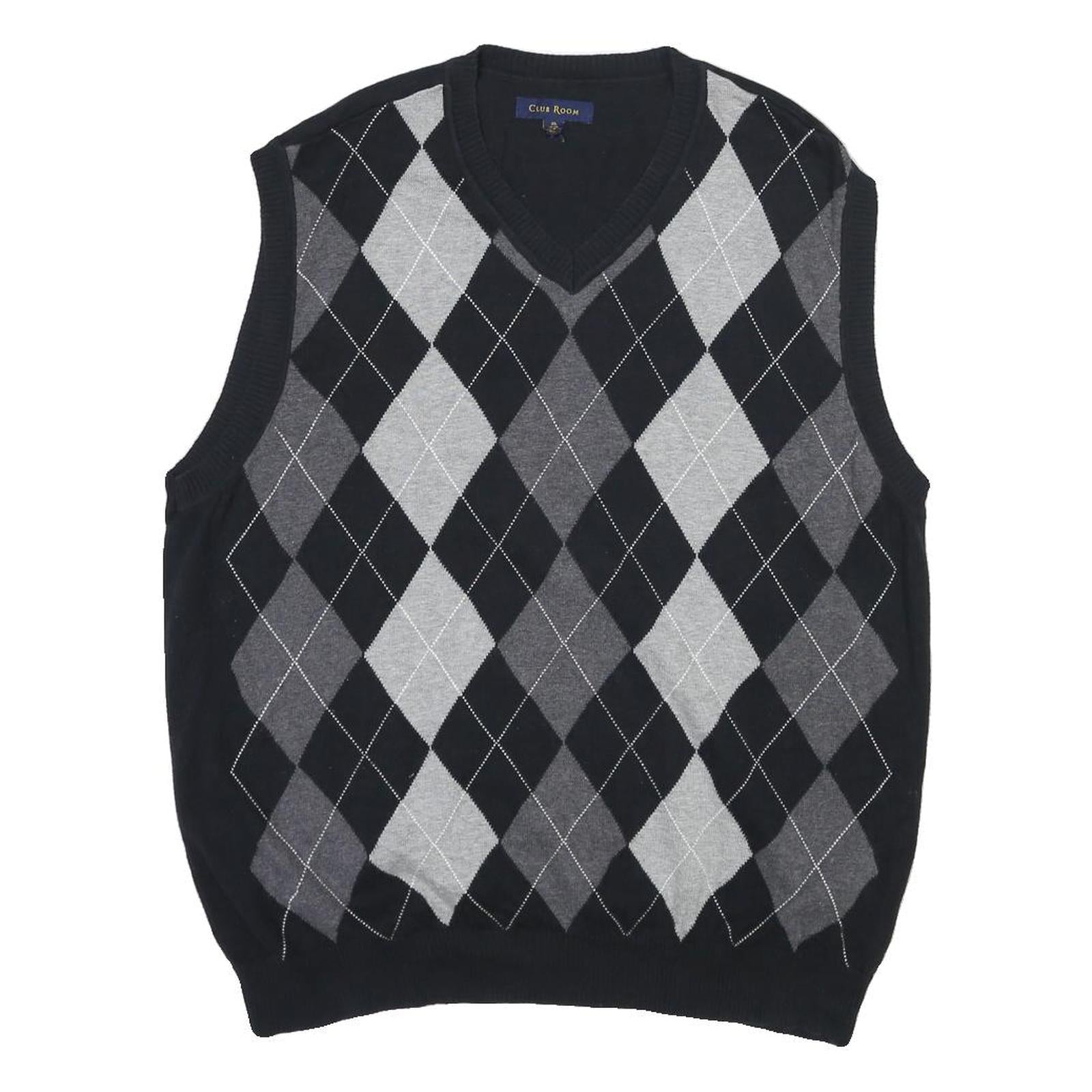CLUB ROOM Mens Black & Grey Argyle V-Neck Patterned Chunky Knit XL Sweater Vest
