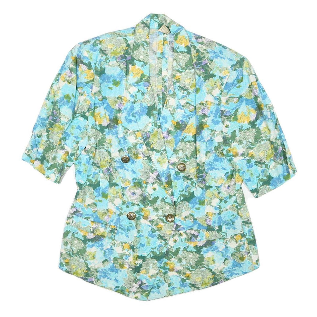 Womens Blue Cotton Blend Floral Pattern Button Jacket S Casual Lightweight