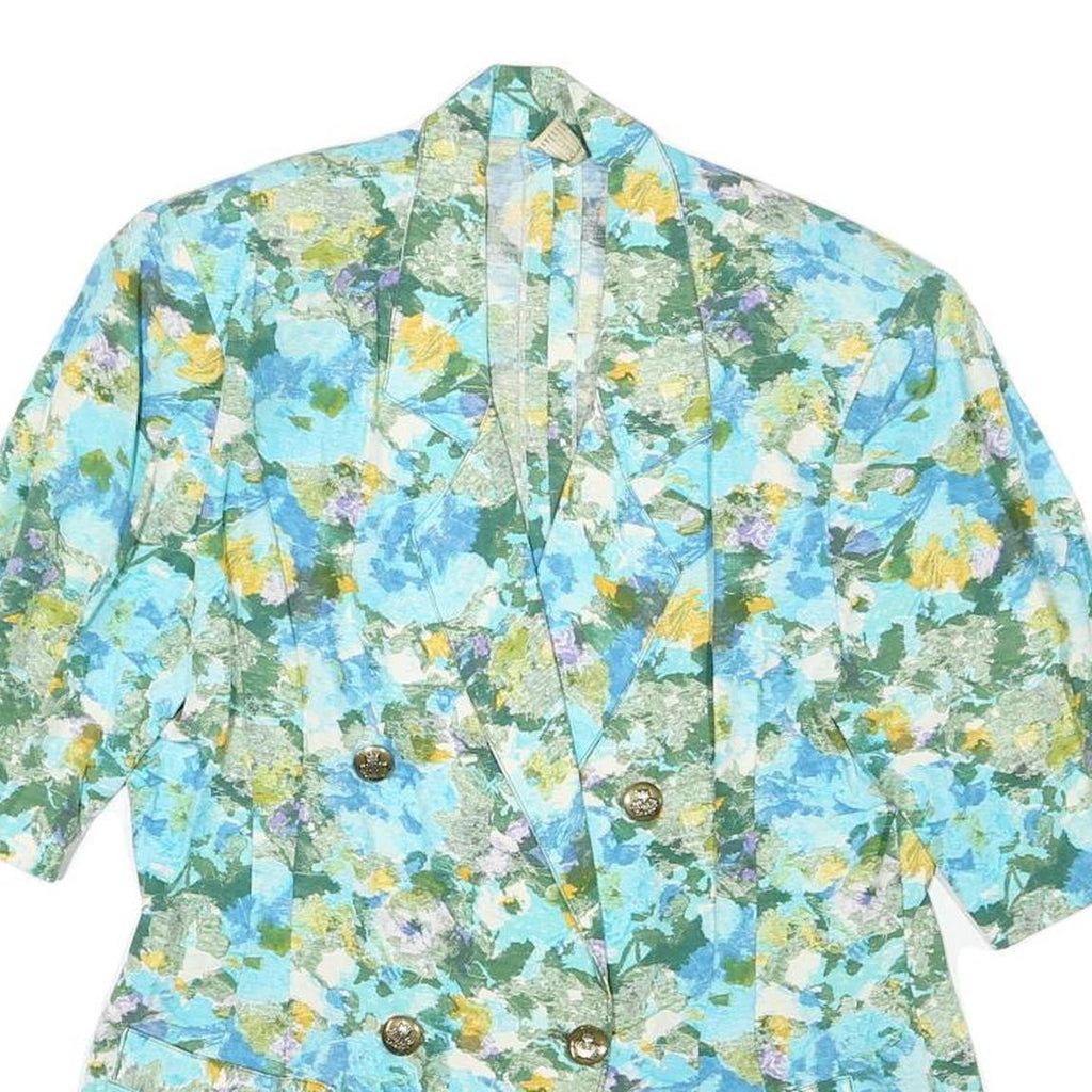 Womens Blue Cotton Blend Floral Pattern Button Jacket S Casual Lightweight