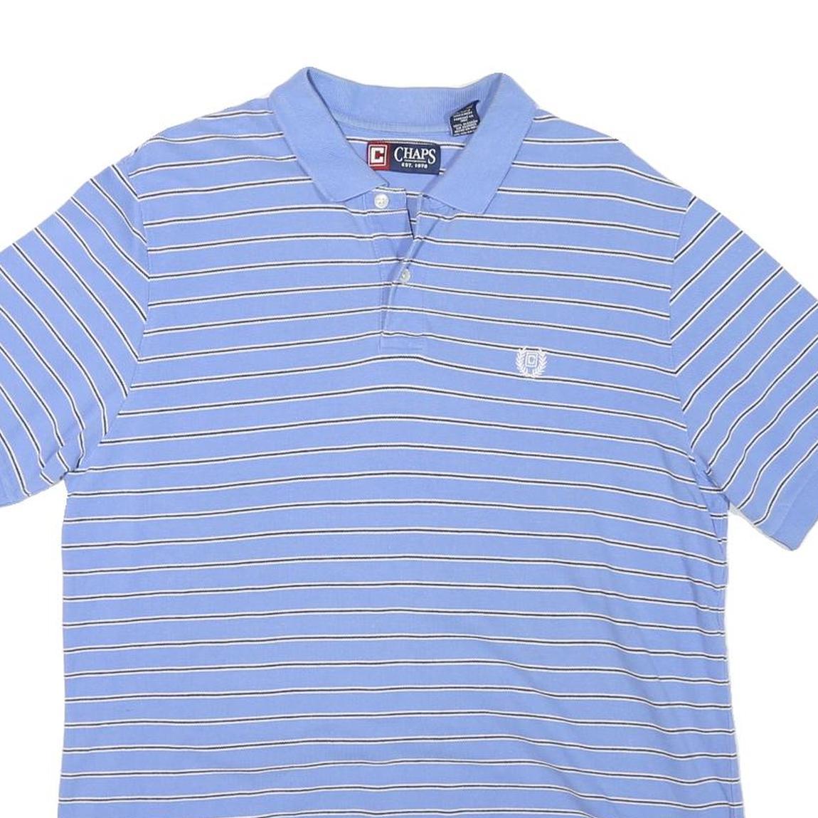 CHAPS Mens Blue & White Striped Short Sleeve Polo Shirt L Cotton Blend Casual