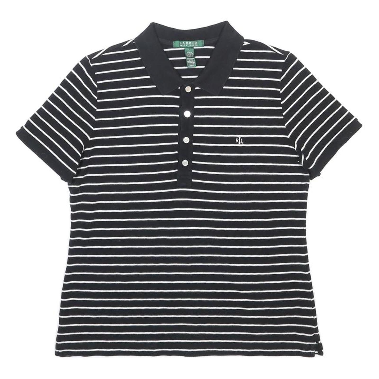 LAUREN RALPH LAUREN Womens Black & White Striped Short Sleeve Polo Shirt L