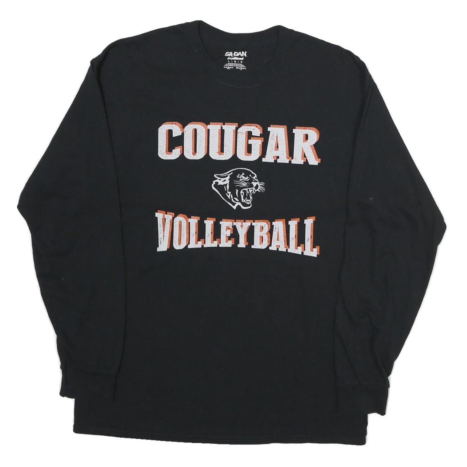GILDAN Mens Black Cougar Volleyball Long Sleeve Crew Neck Cotton T-Shirt L