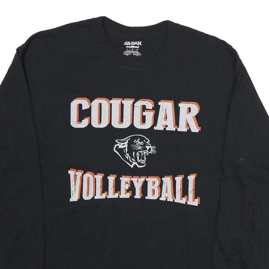 GILDAN Mens Black Cougar Volleyball Long Sleeve Crew Neck Cotton T-Shirt L