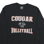 GILDAN Mens Black Cougar Volleyball Long Sleeve Crew Neck Cotton T-Shirt L
