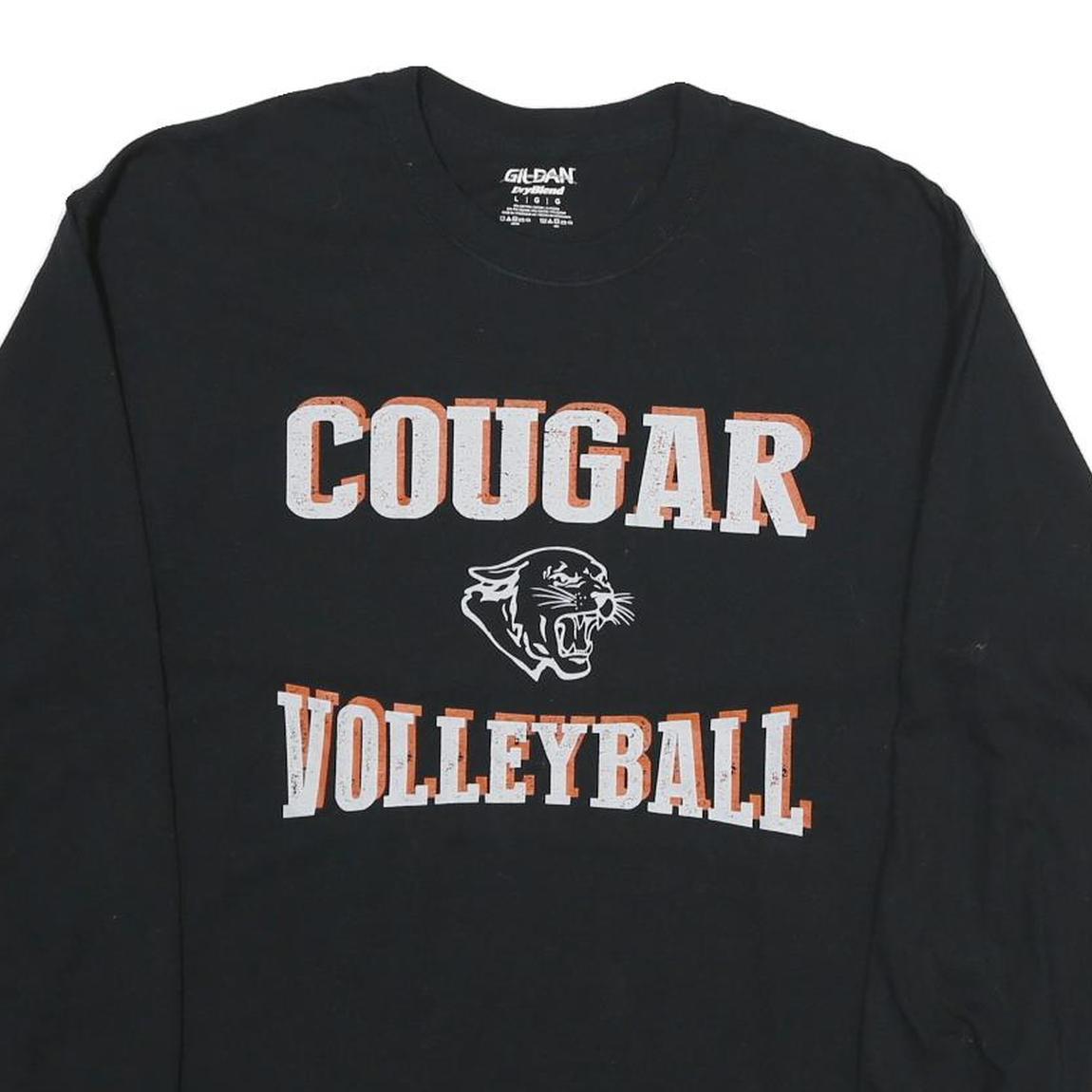 GILDAN Mens Black Cougar Volleyball Long Sleeve Crew Neck Cotton T-Shirt L