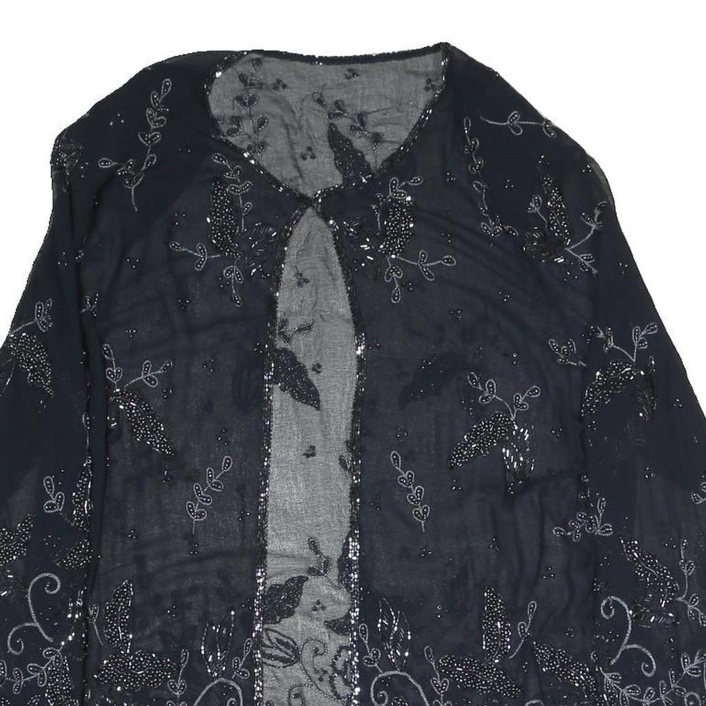 Womens Black Embroidered Beaded Sheer Jacket L Woven Elegant Detailed