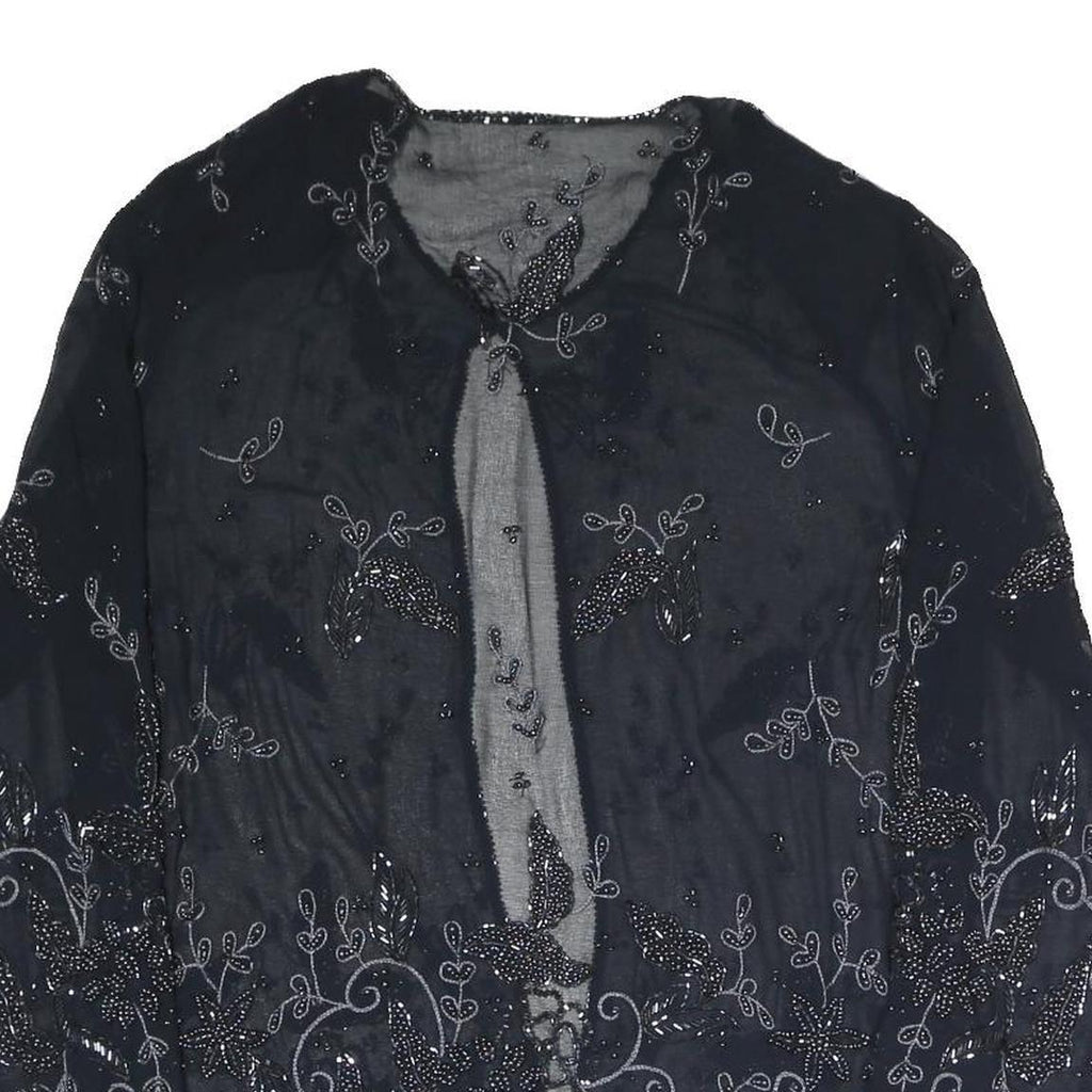 Womens Black Embroidered Beaded Sheer Jacket L Woven Elegant Detailed