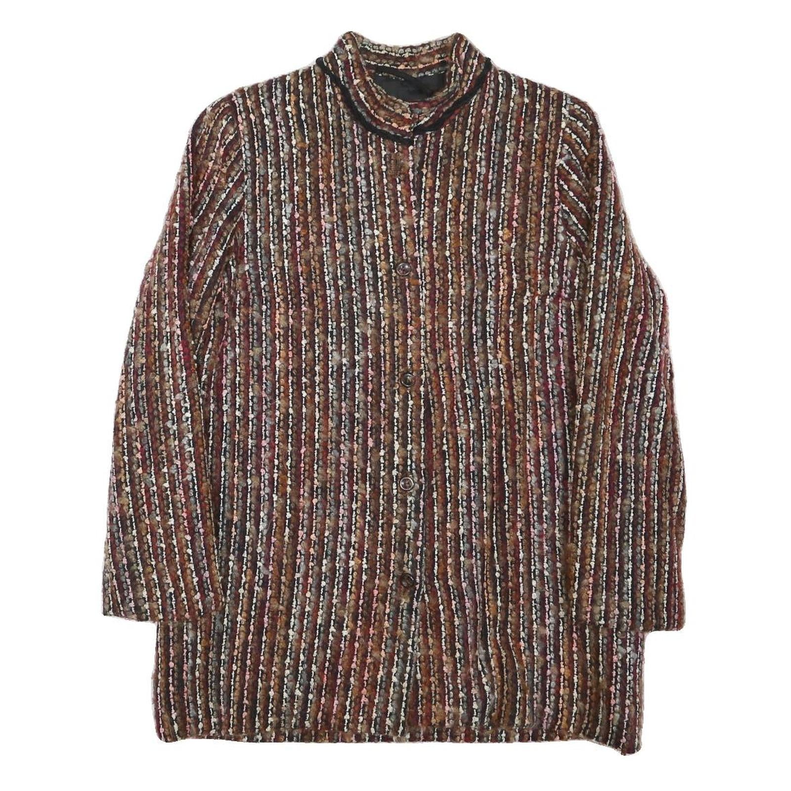 Womens Brown Button Jacket S Polyester Blend Striped Vintage Style Elegant