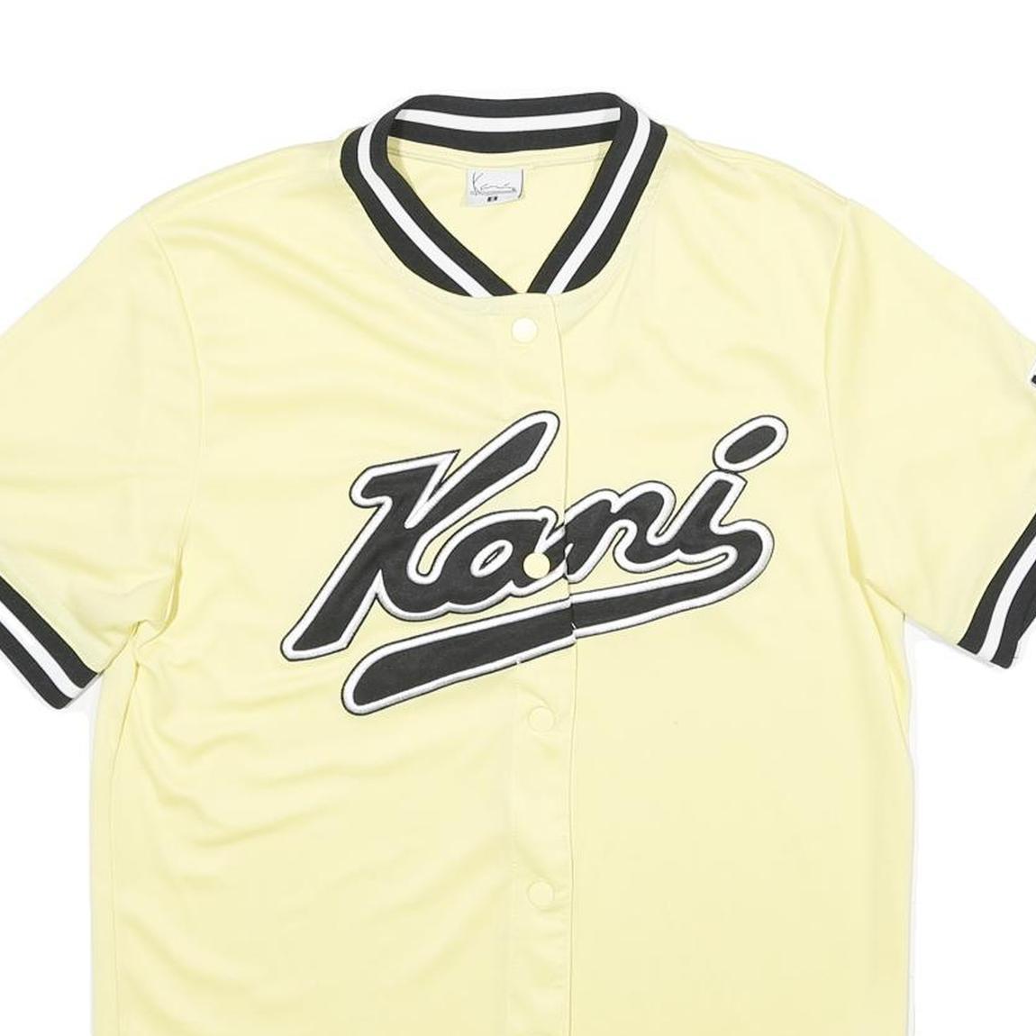 KARL KANI Mens Yellow Black Baseball Style S Short Sleeve Button Neck Logo