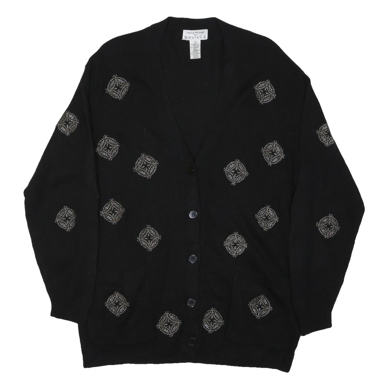 RENA ROWAN Womens Black Patterned Wool Button Up Jumper S Embroidered