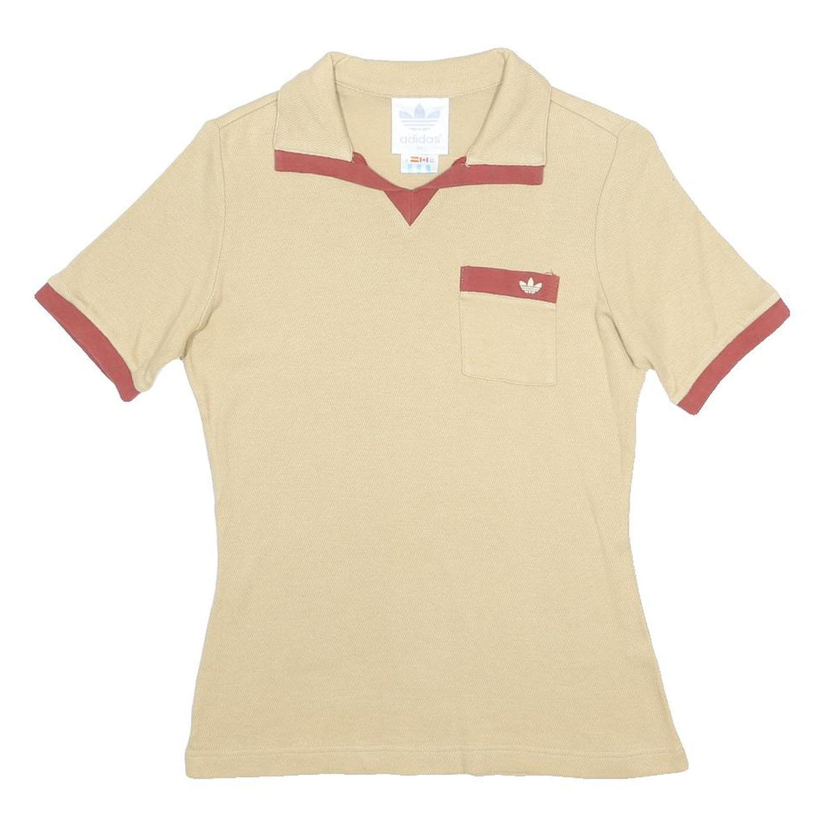 ADIDAS Womens Beige & Red Cotton Short Sleeve Polo Shirt M Pocket Casual