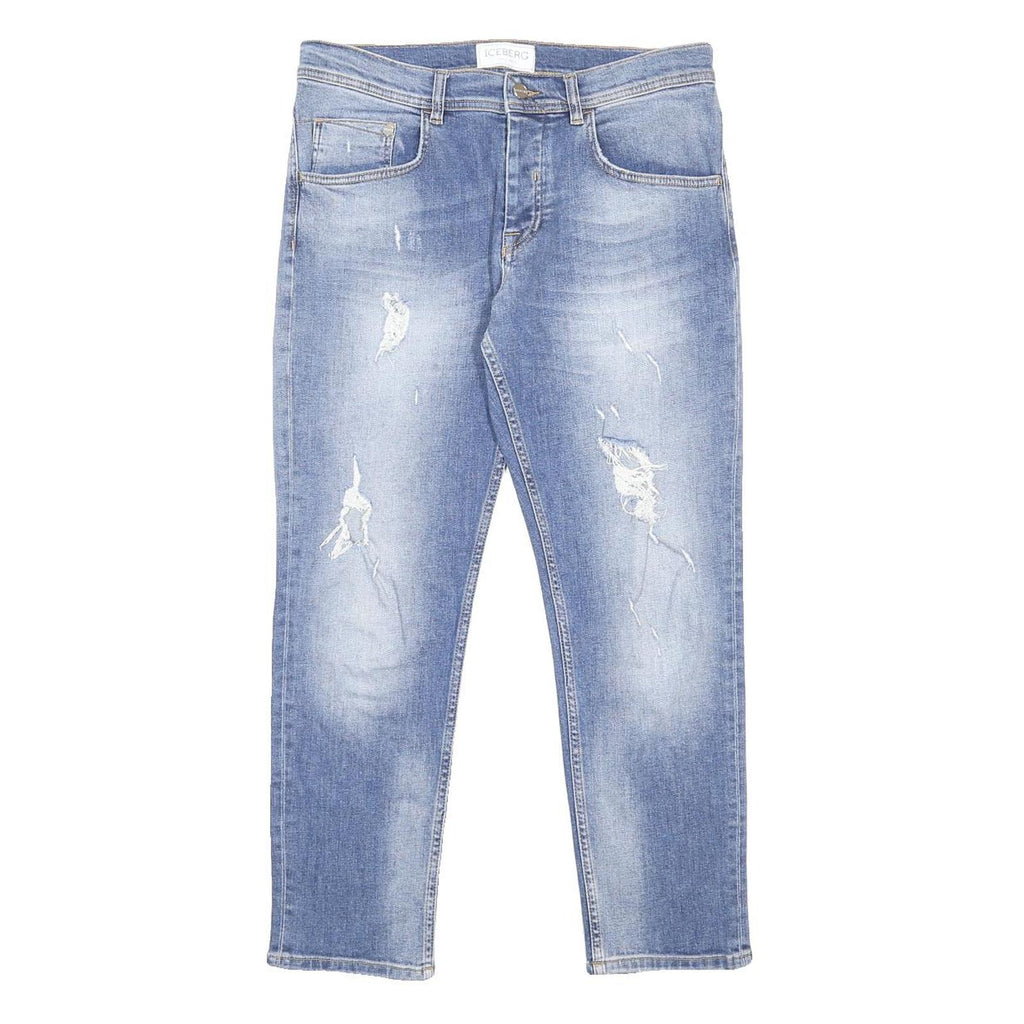 ICEBERG Womens Jeans Blue Regular Straight Denim Light W32 L27 Distressed Button