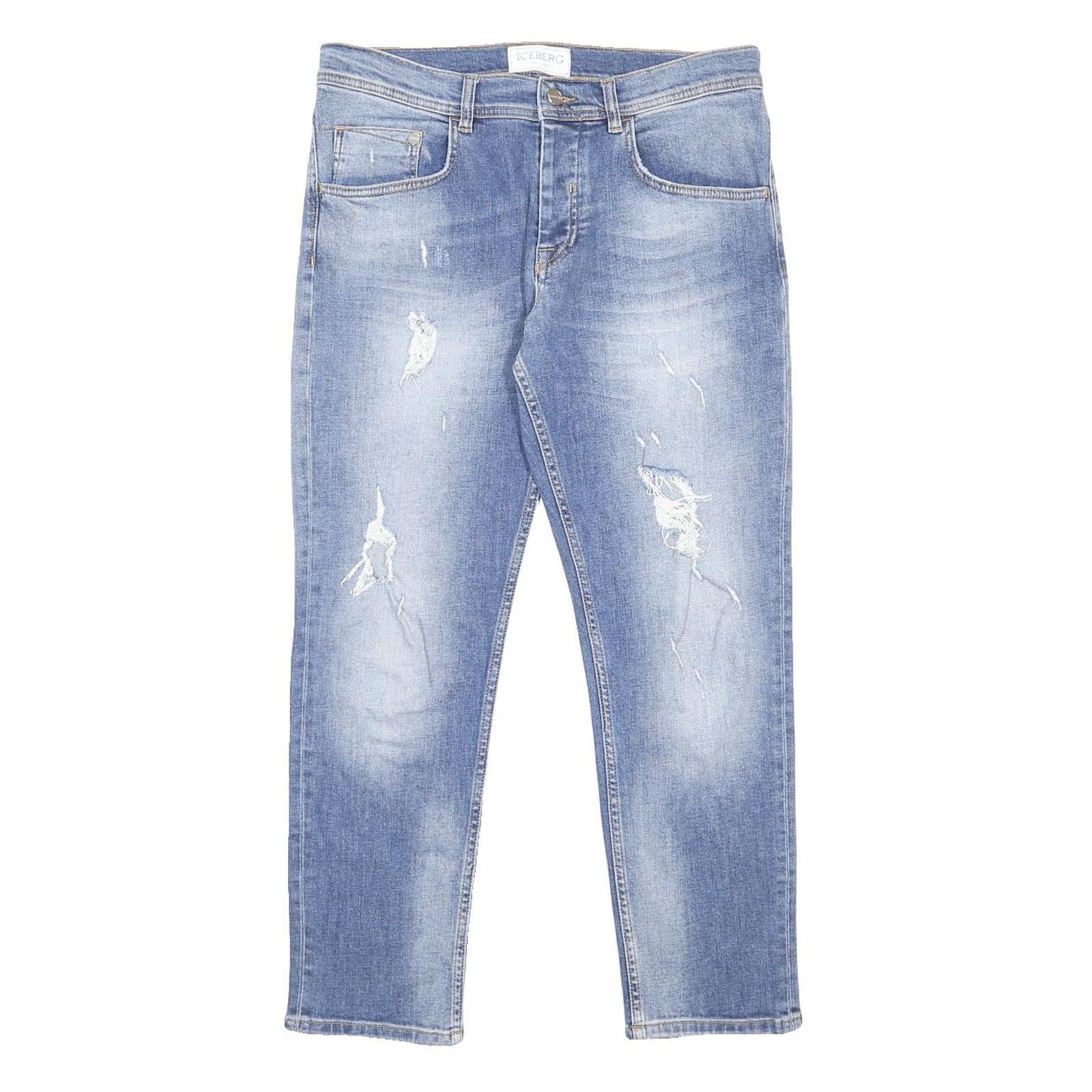ICEBERG Womens Jeans Blue Regular Straight Denim Light W32 L27 Distressed Button