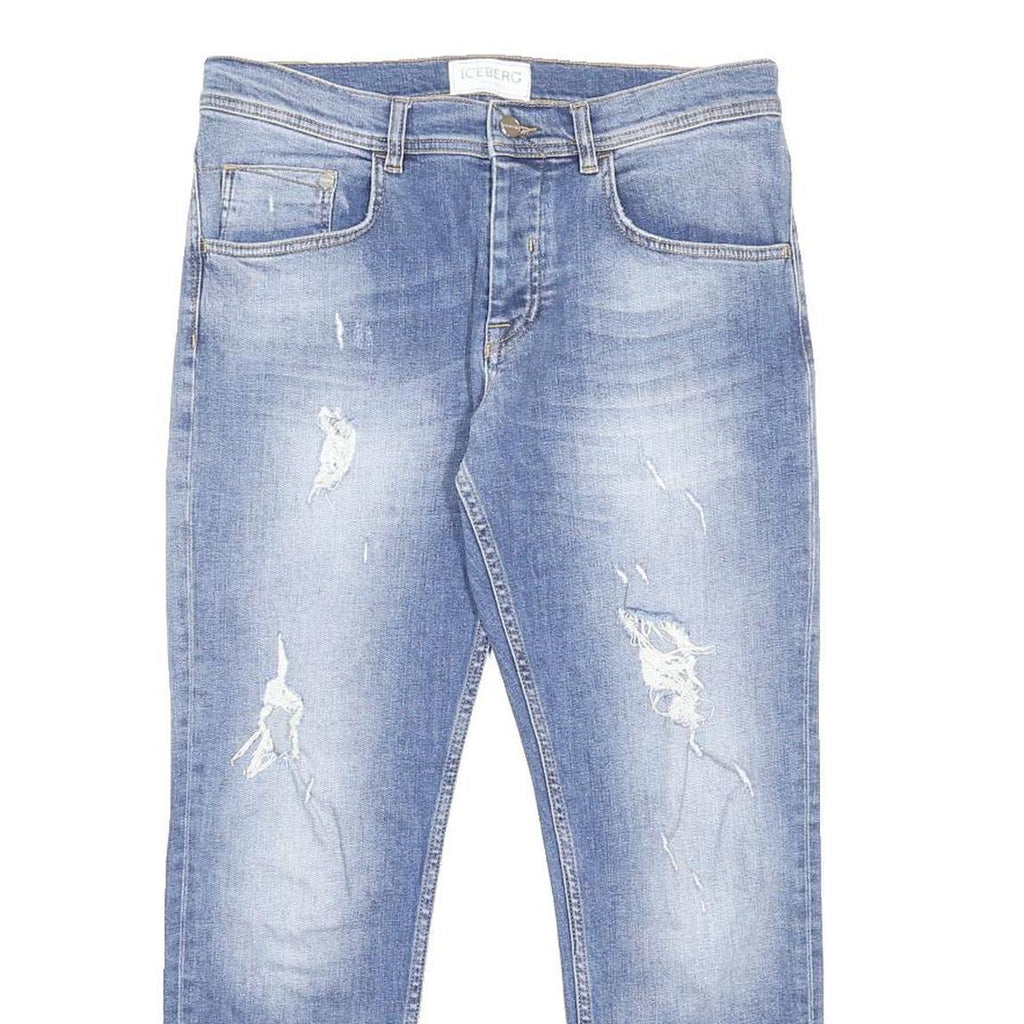 ICEBERG Womens Jeans Blue Regular Straight Denim Light W32 L27 Distressed Button