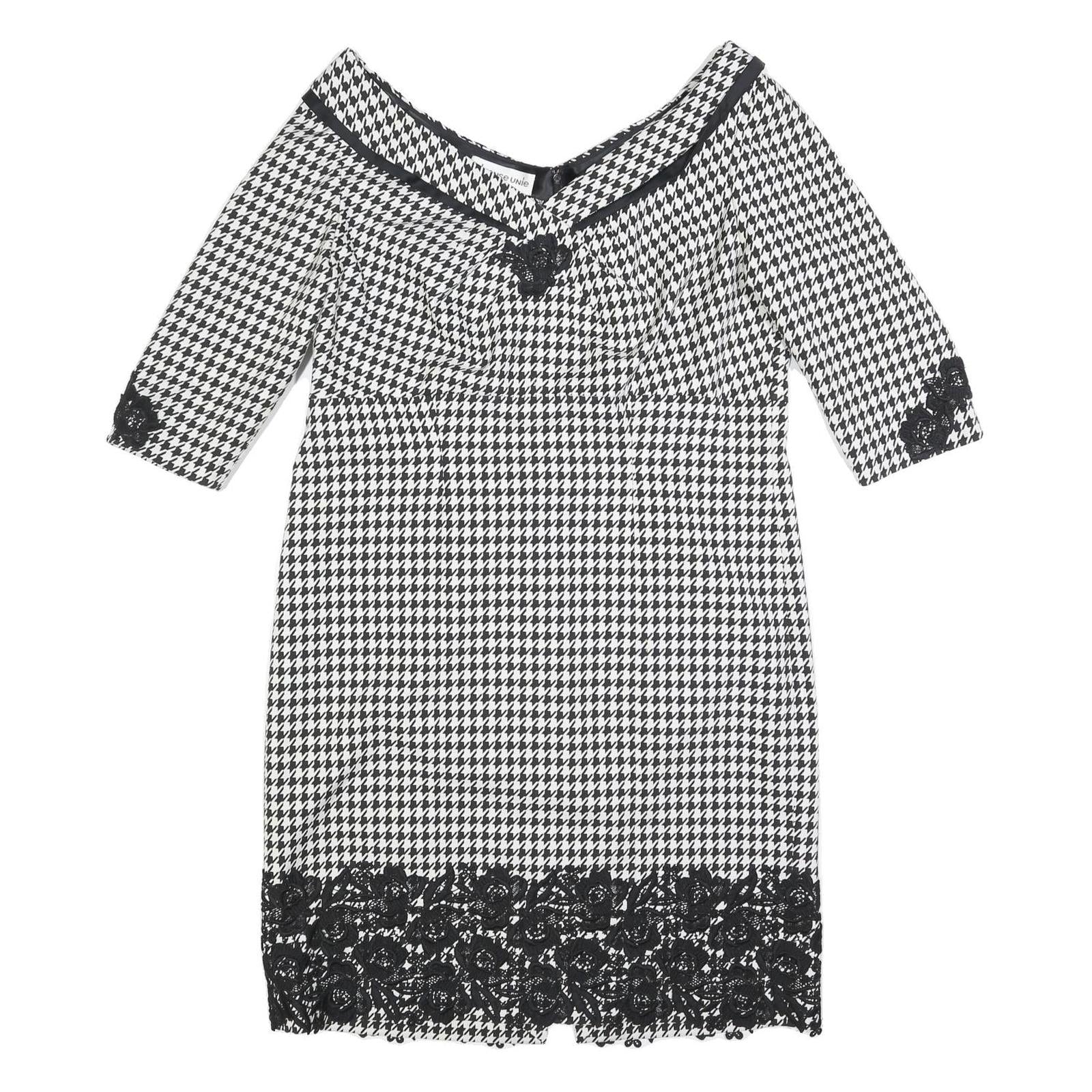 DEFENSE UNIE Womens Black & White Houndstooth Shift Polyester Blend 3/4 Sleeve