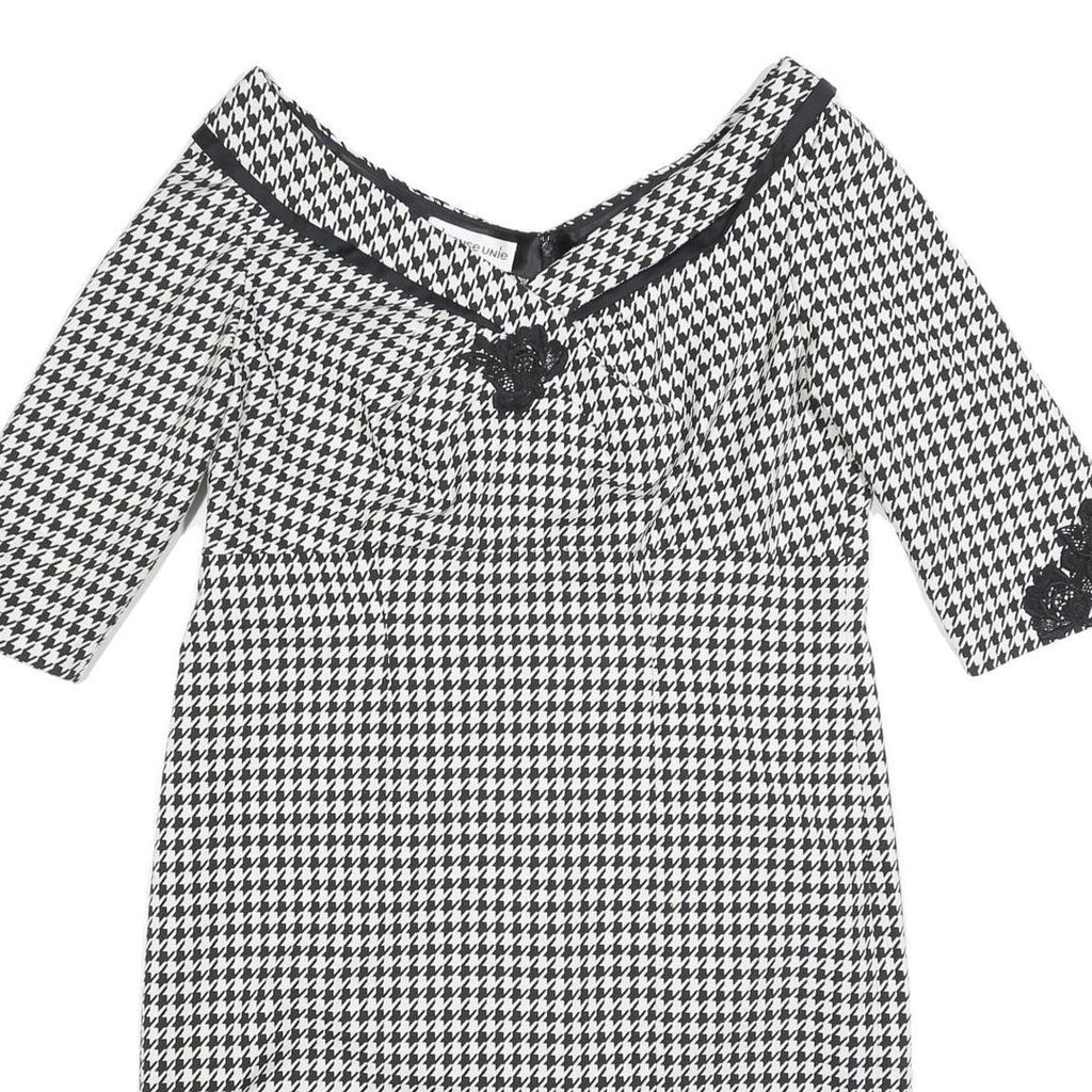 DEFENSE UNIE Womens Black & White Houndstooth Shift Polyester Blend 3/4 Sleeve