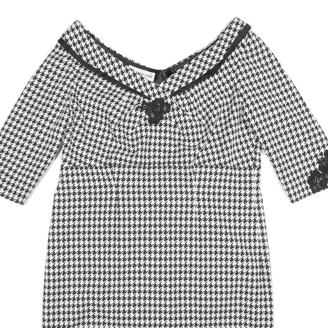 DEFENSE UNIE Womens Black & White Houndstooth Shift Polyester Blend 3/4 Sleeve