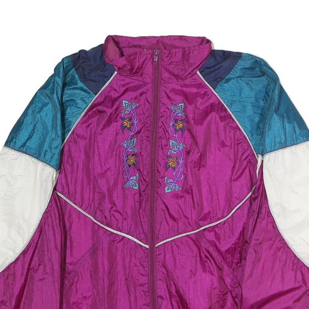 PETITES Womens Purple Blue & White Embroidered Zip Jacket L Nylon Colourblock