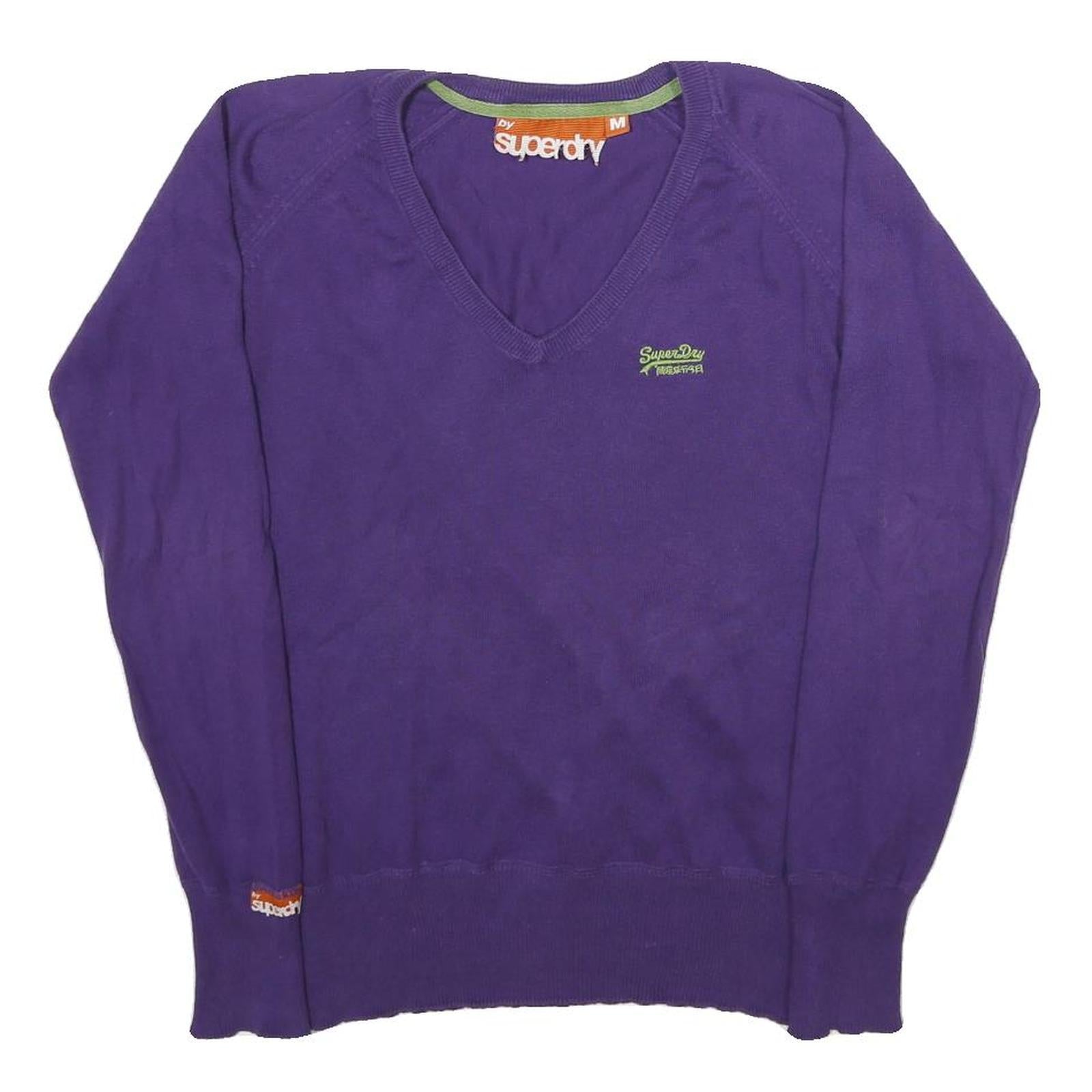 SUPERDRY Mens Purple Plain V-Neck Basic Knit Jumper M Casual Cotton Comfort