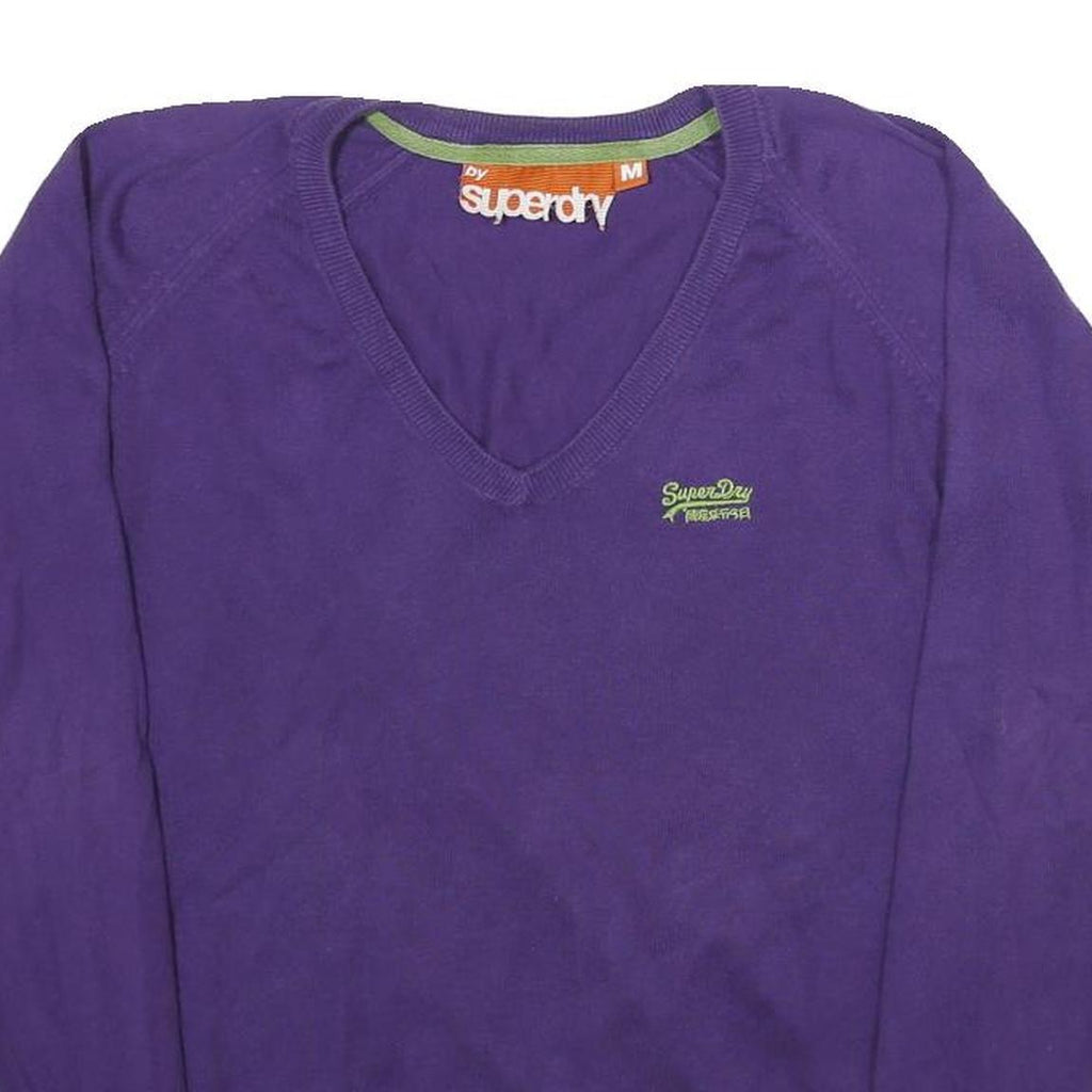 SUPERDRY Mens Purple Plain V-Neck Basic Knit Jumper M Casual Cotton Comfort