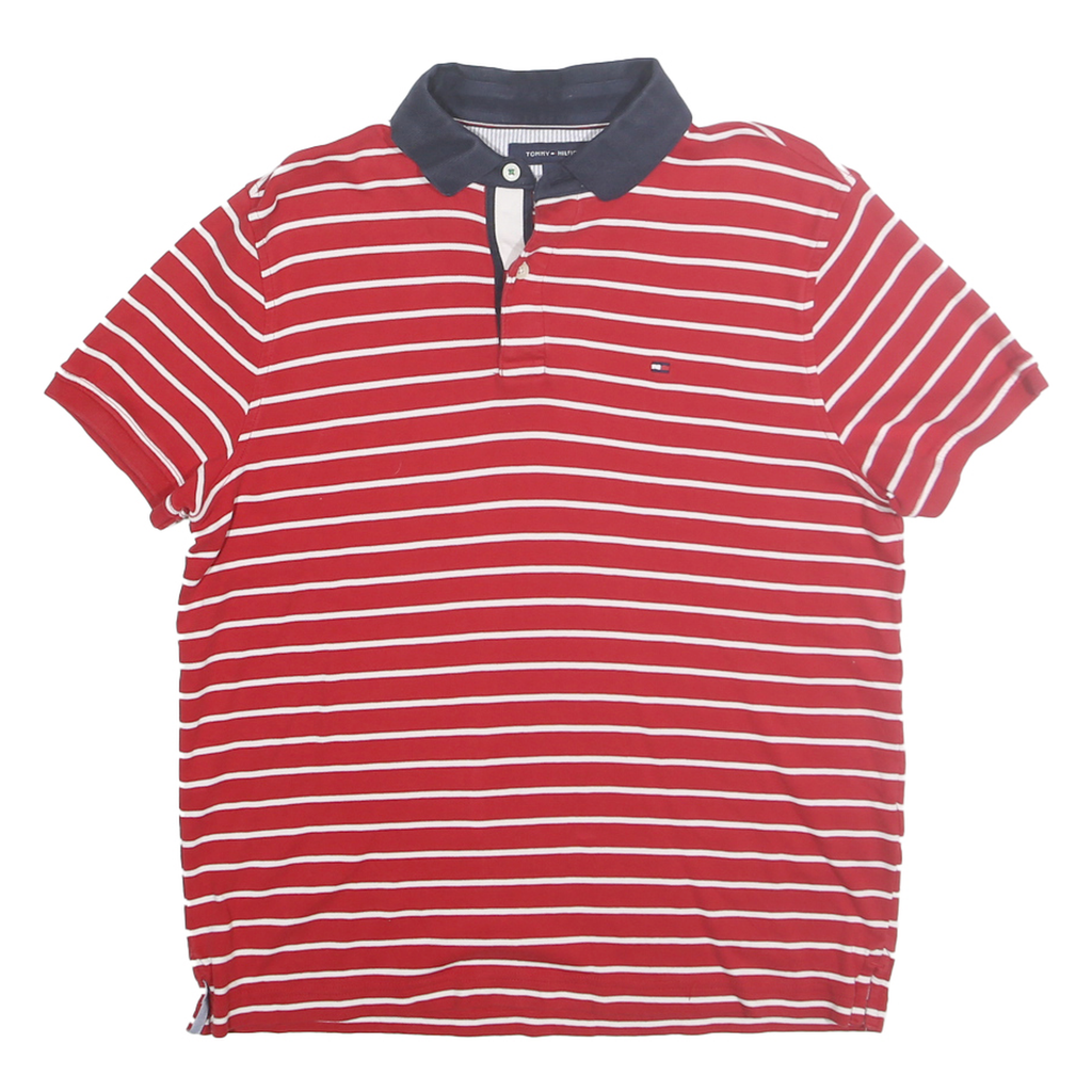 TOMMY HILFIGER Mens Red & White Striped Short Sleeve Polo Shirt S Classic Cotton