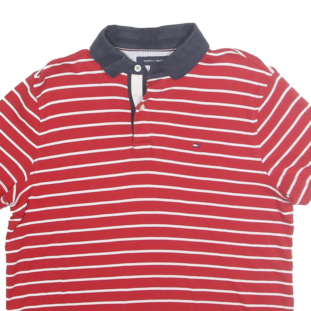 TOMMY HILFIGER Mens Red & White Striped Short Sleeve Polo Shirt S Classic Cotton
