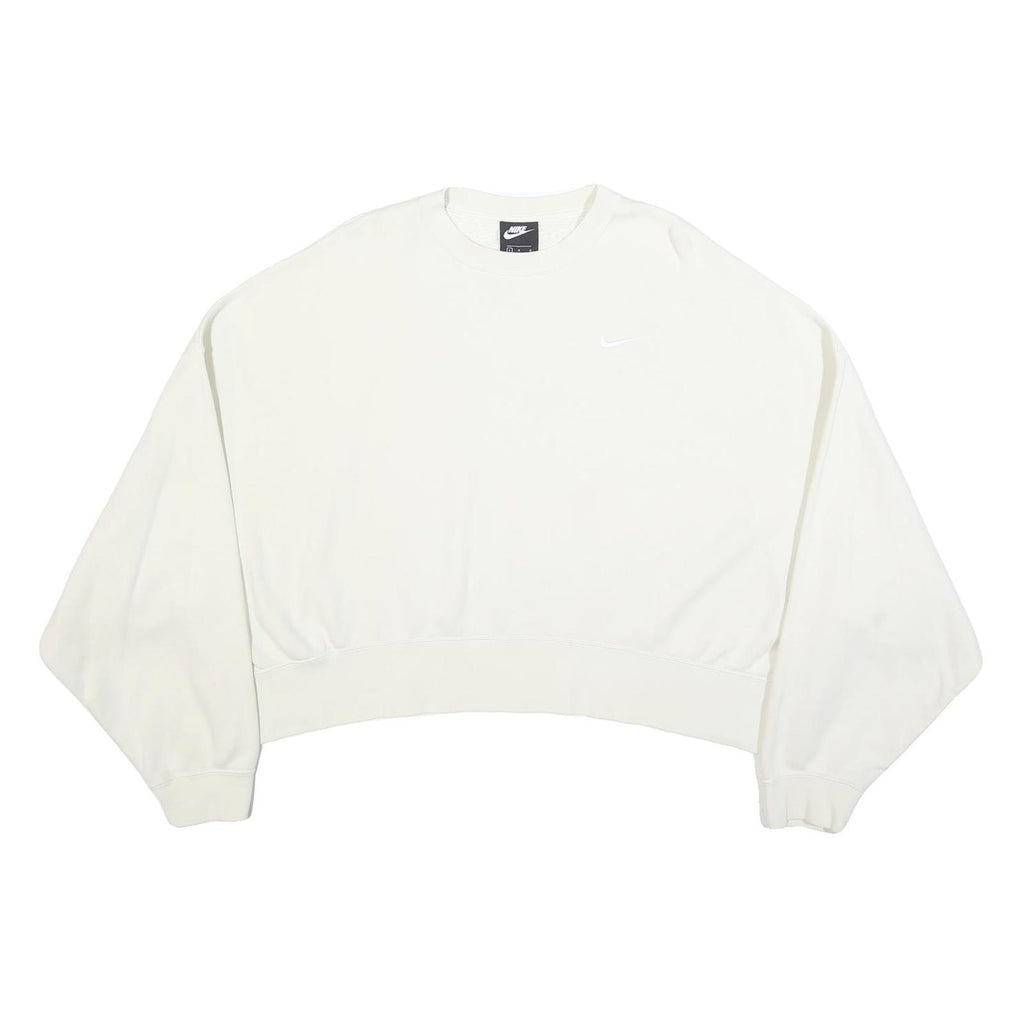 NIKE Womens White Cropped Crew Neck Sweatshirt L Cotton Blend Pullover
