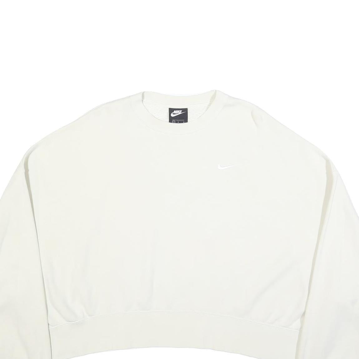 NIKE Womens White Cropped Crew Neck Sweatshirt L Cotton Blend Pullover