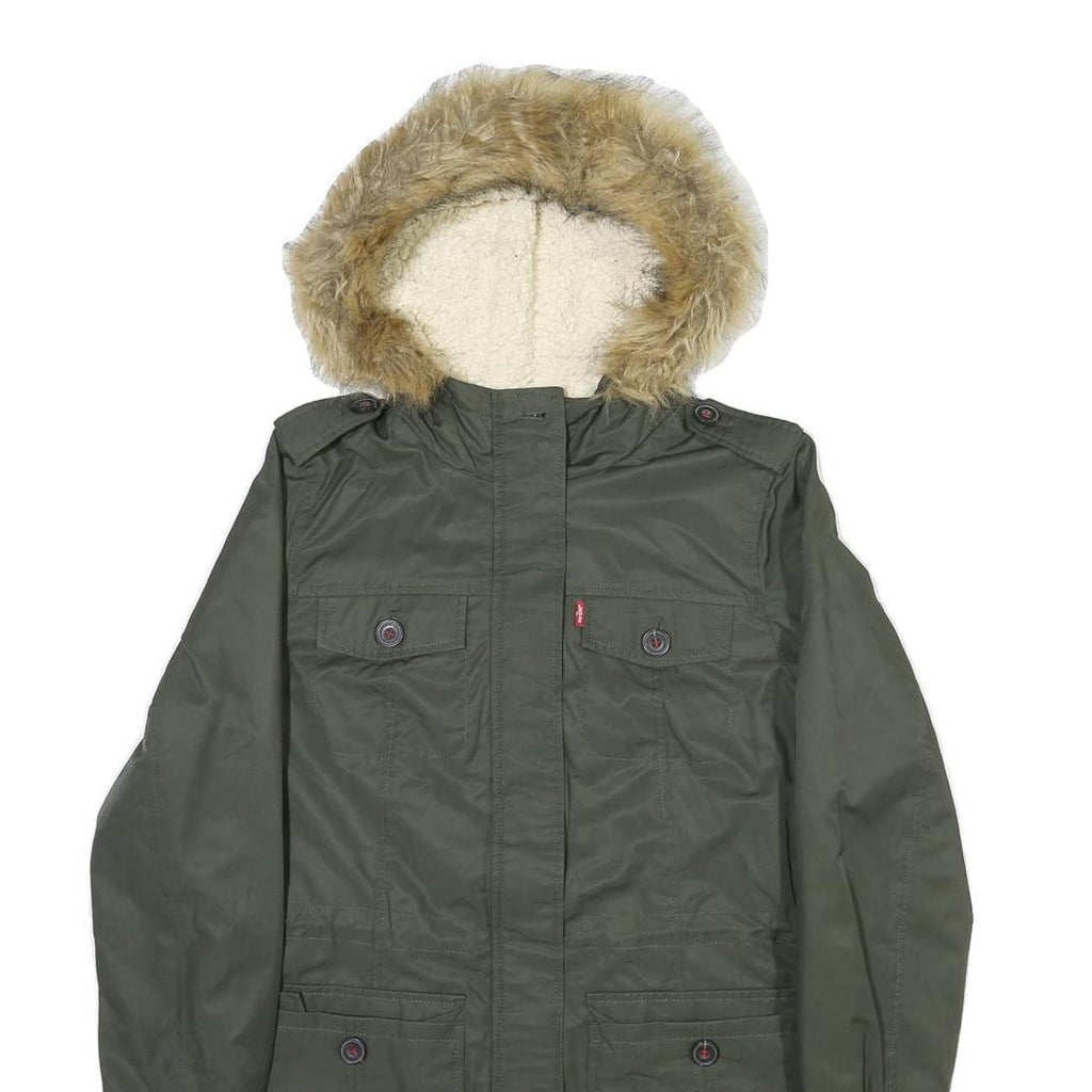 LEVI'S Womens Green Fur Hooded Jacket S Polyester Blend Zip Outdoor Winter Parka