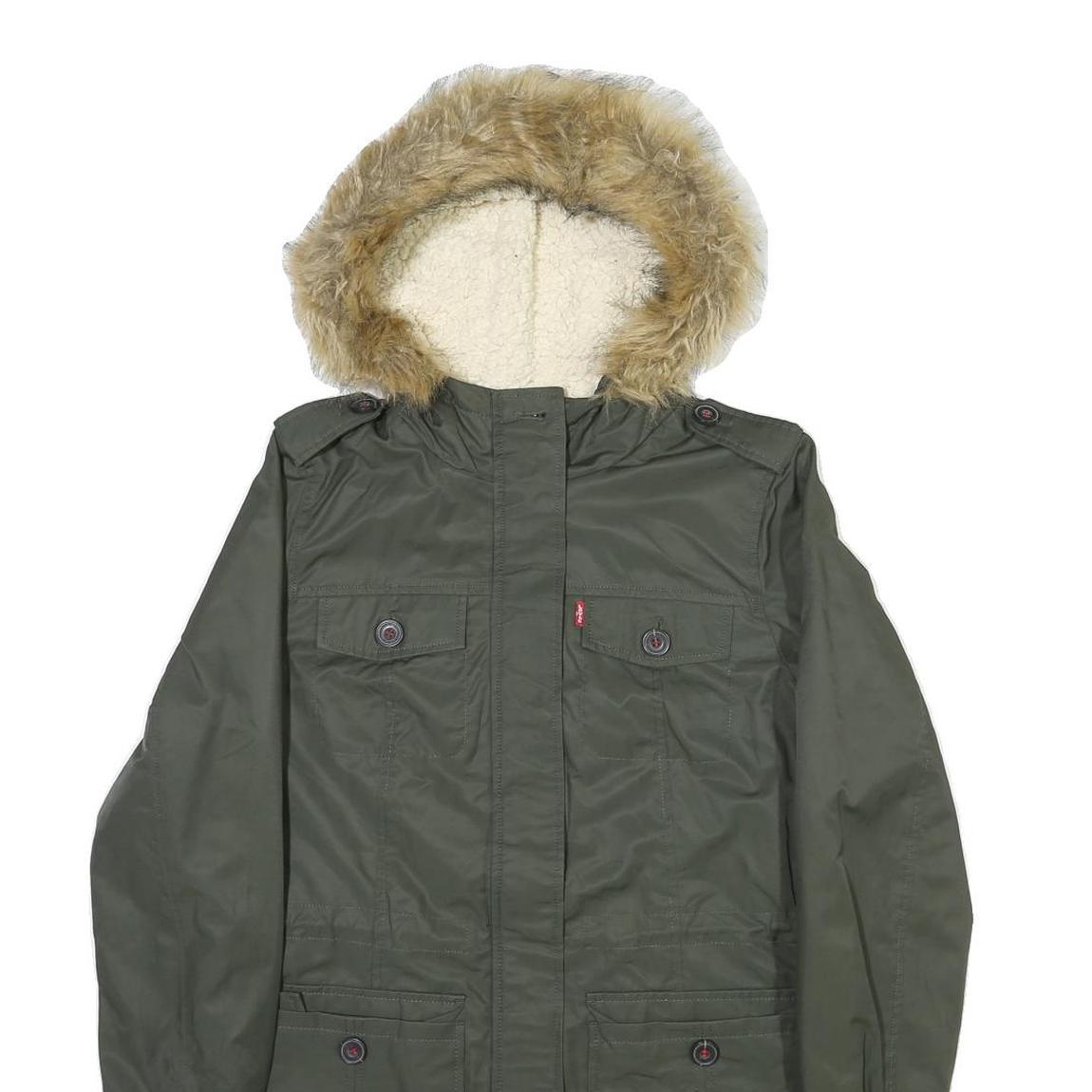 LEVI'S Womens Green Fur Hooded Jacket S Polyester Blend Zip Outdoor Winter Parka