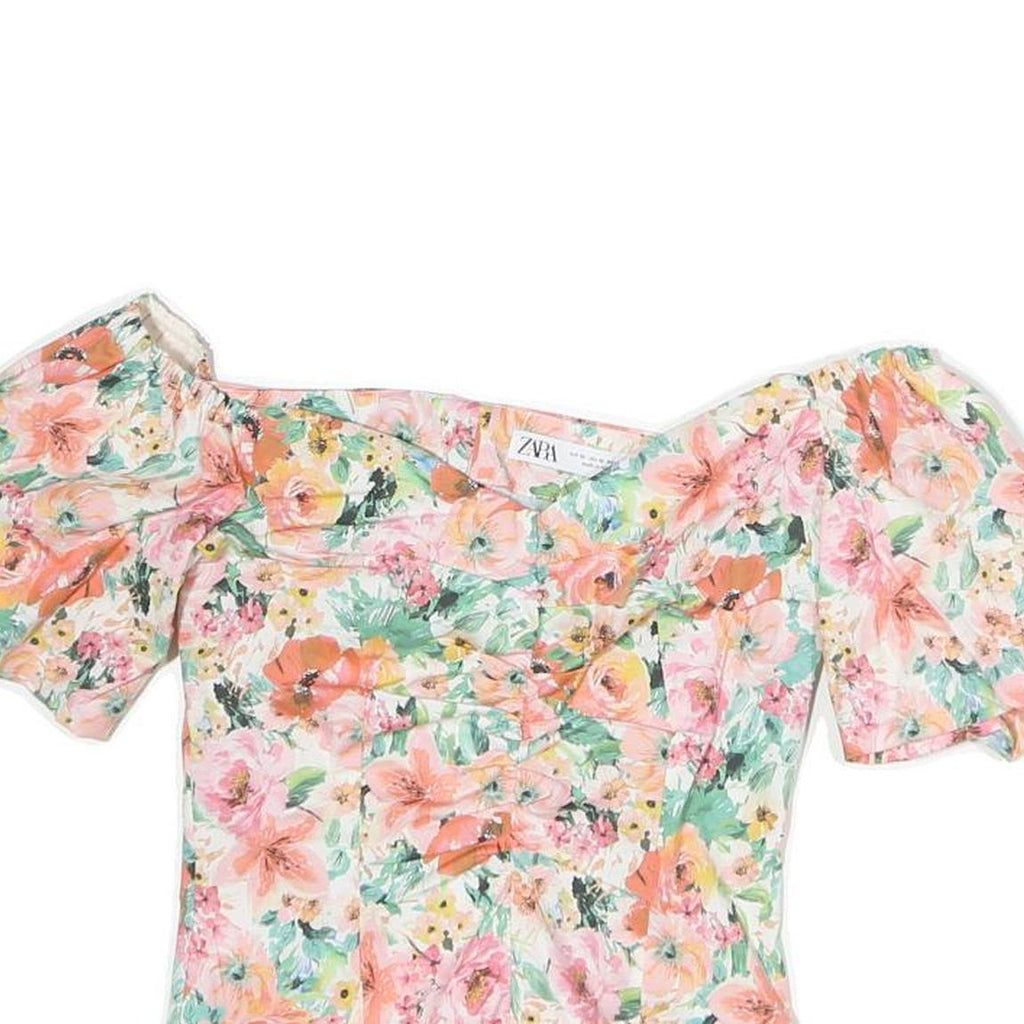 ZARA Womens White & Pink Floral Printed Bardot Top Short Sleeve XS