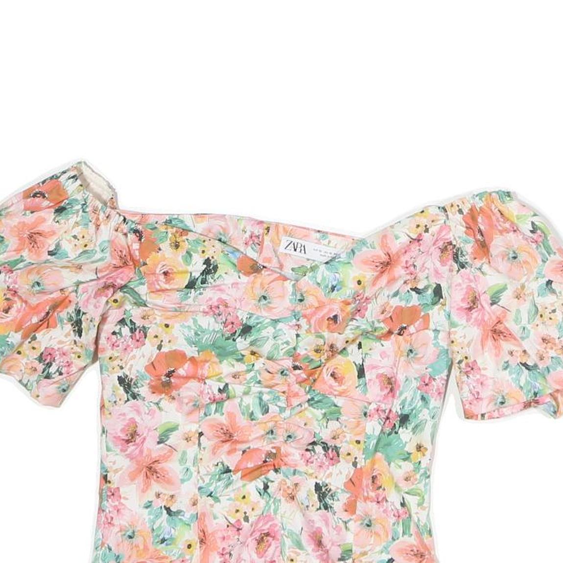ZARA Womens White & Pink Floral Printed Bardot Top Short Sleeve XS