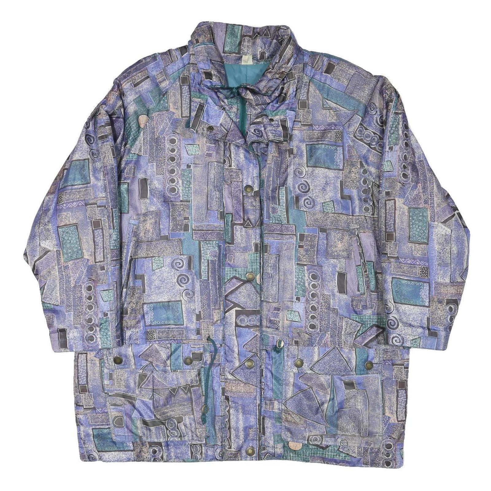 Womens Blue Button Polyester Blend Geometric Pattern Jacket XL Stylish Casual