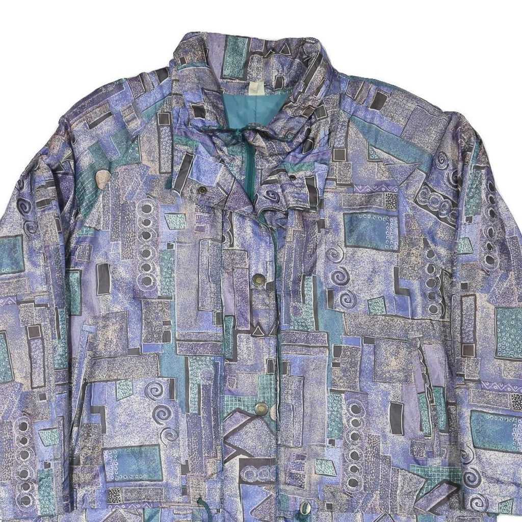 Womens Blue Button Polyester Blend Geometric Pattern Jacket XL Stylish Casual