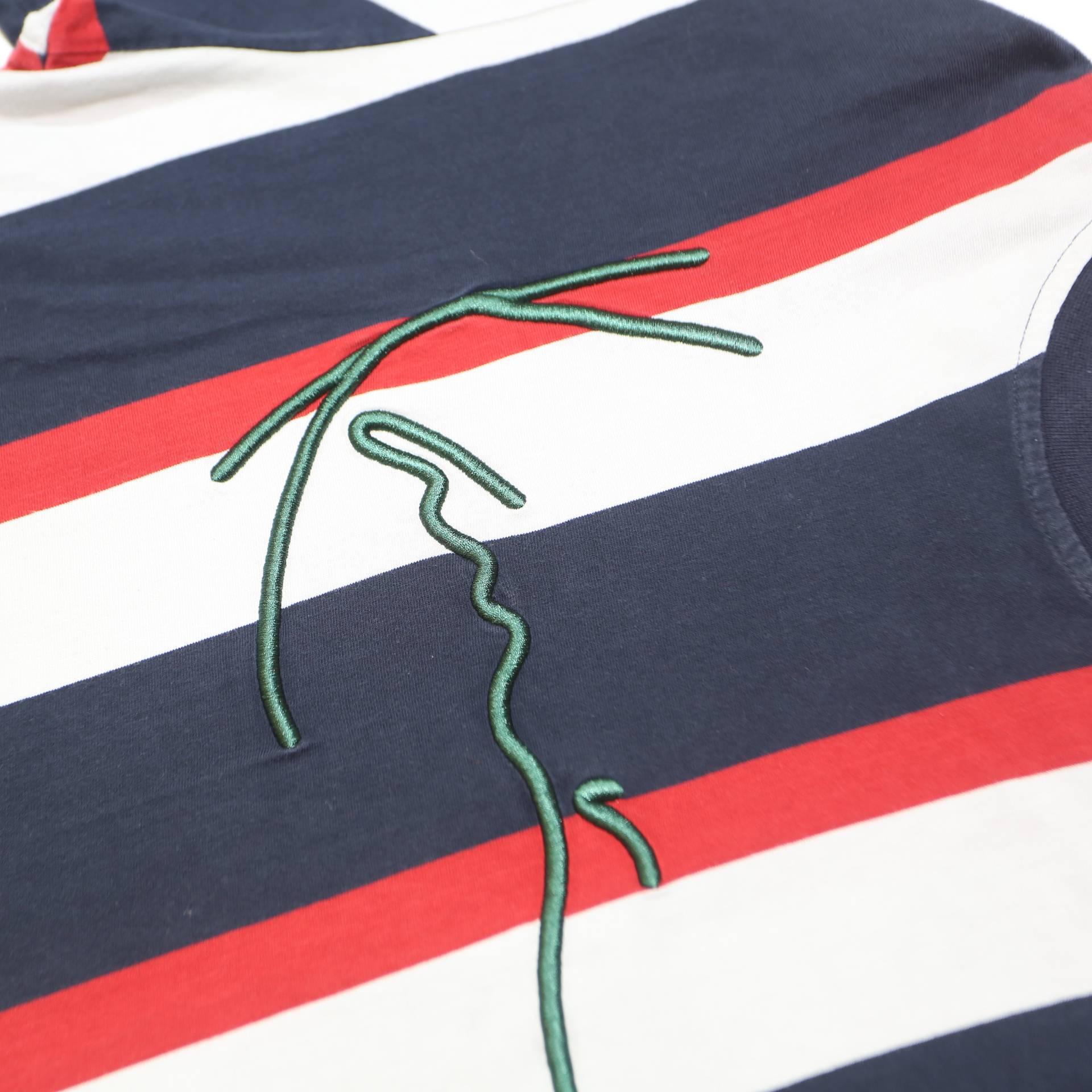 KARL KANI Mens Blue & White & Red Striped Graphic T-Shirt XL Short Sleeve Crew