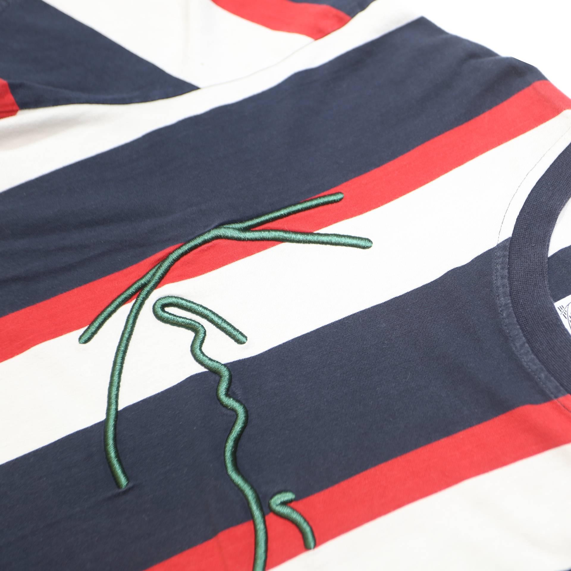 KARL KANI Mens Blue & White & Red Striped Graphic T-Shirt XL Short Sleeve Crew