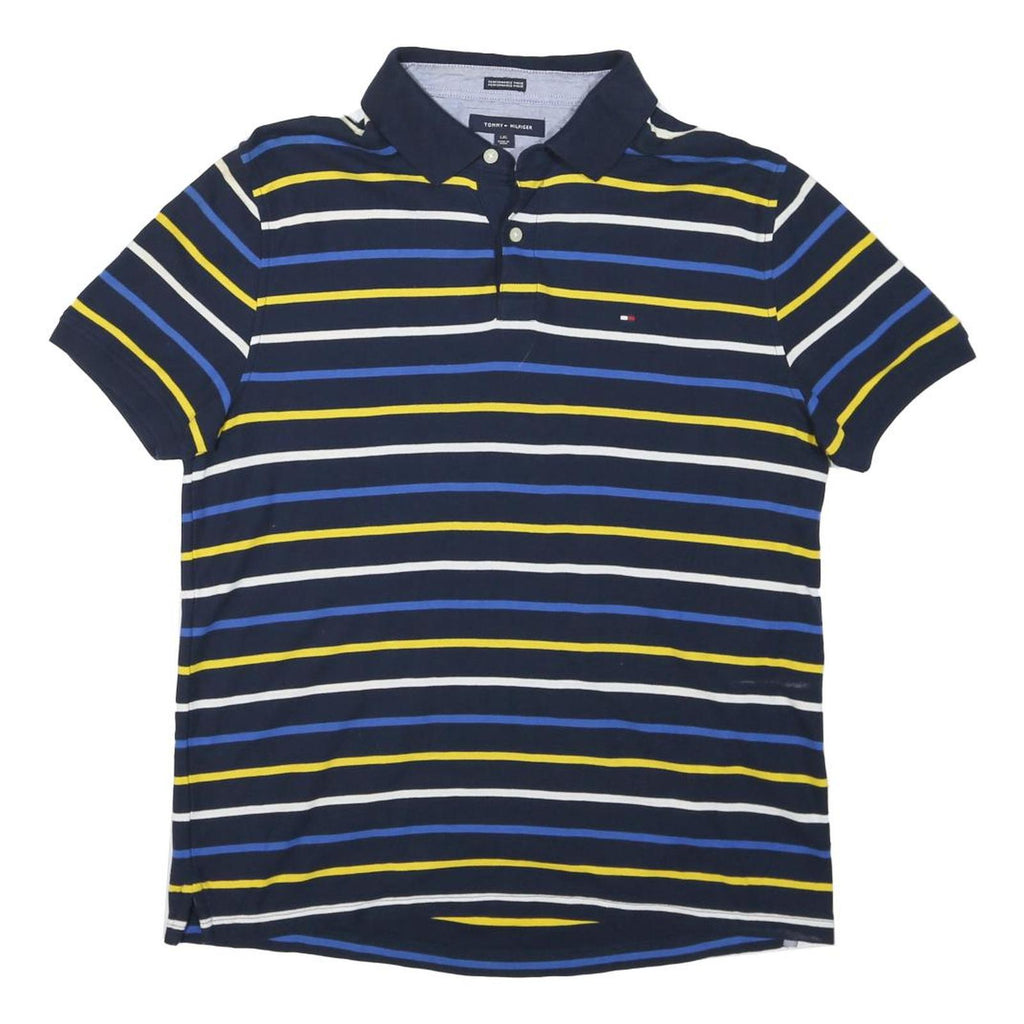 TOMMY HILFIGER Mens Navy Blue & Yellow Striped Polo Shirt Short Sleeve L