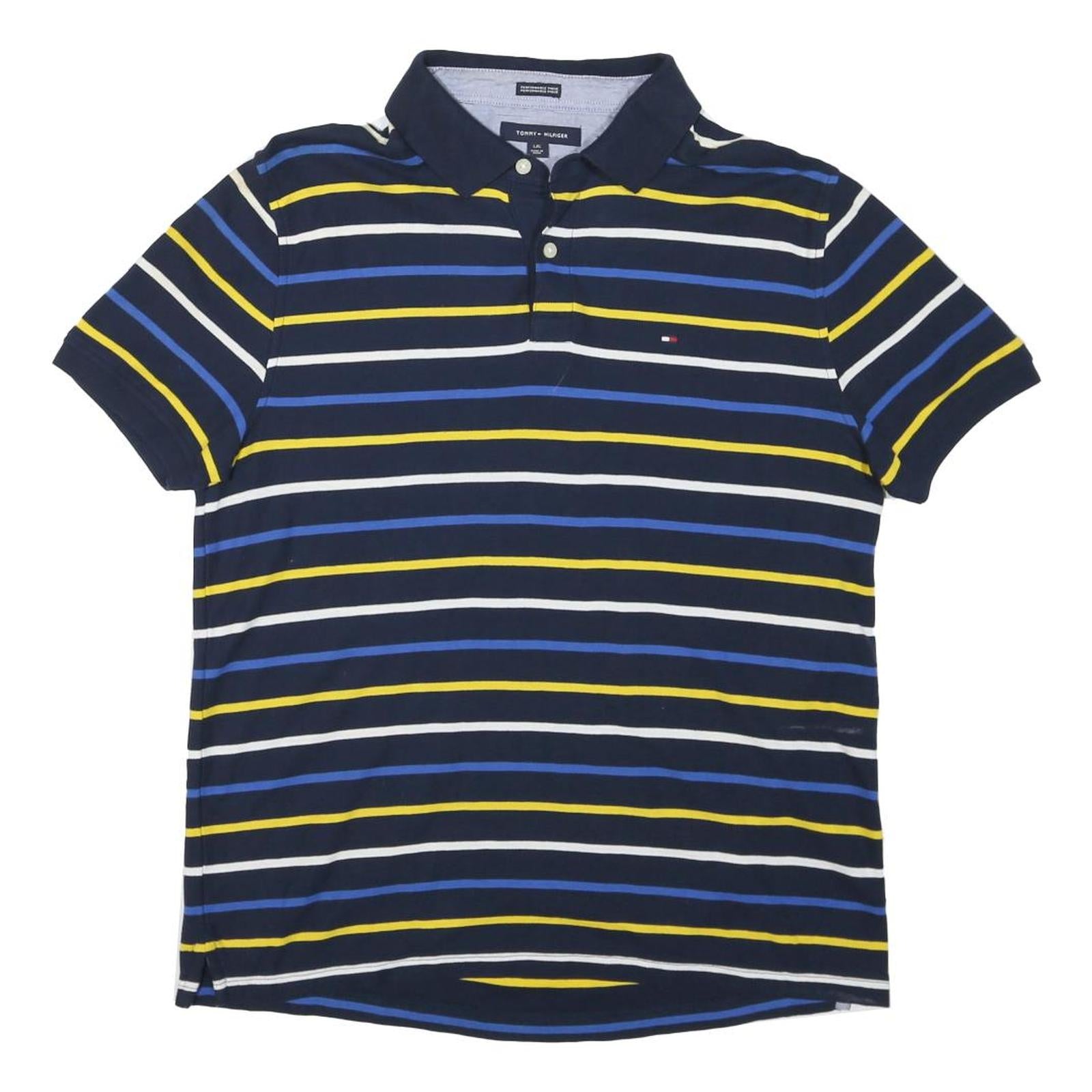 TOMMY HILFIGER Mens Navy Blue & Yellow Striped Polo Shirt Short Sleeve L