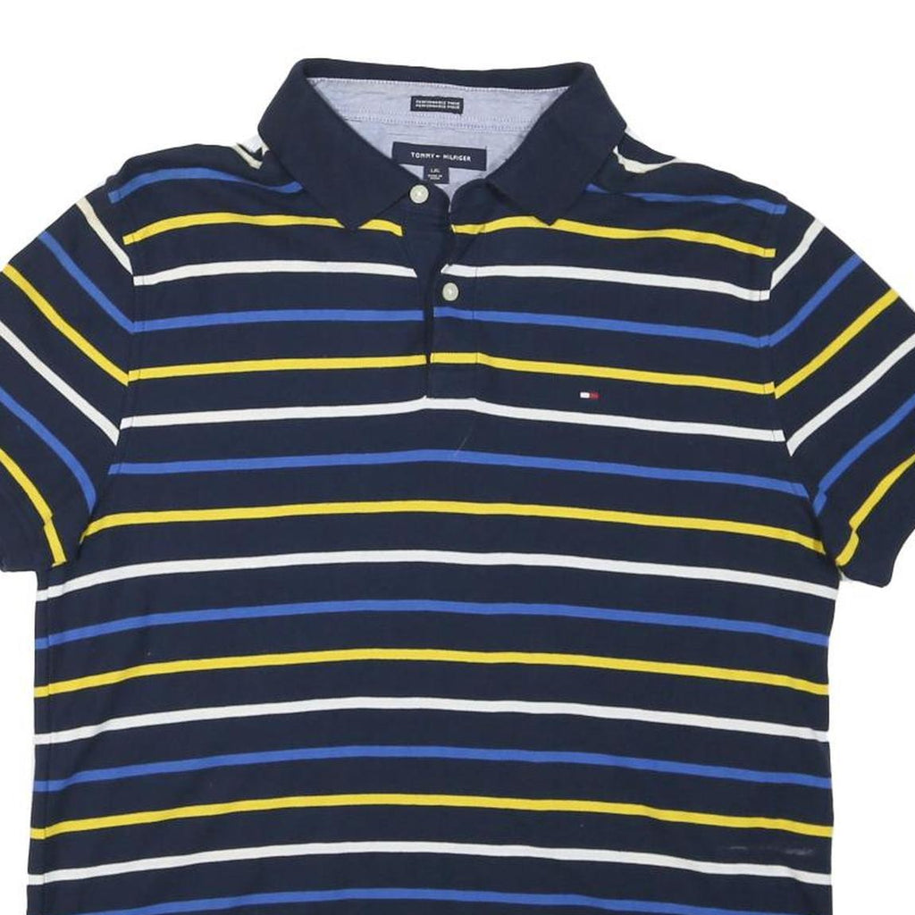 TOMMY HILFIGER Mens Navy Blue & Yellow Striped Polo Shirt Short Sleeve L