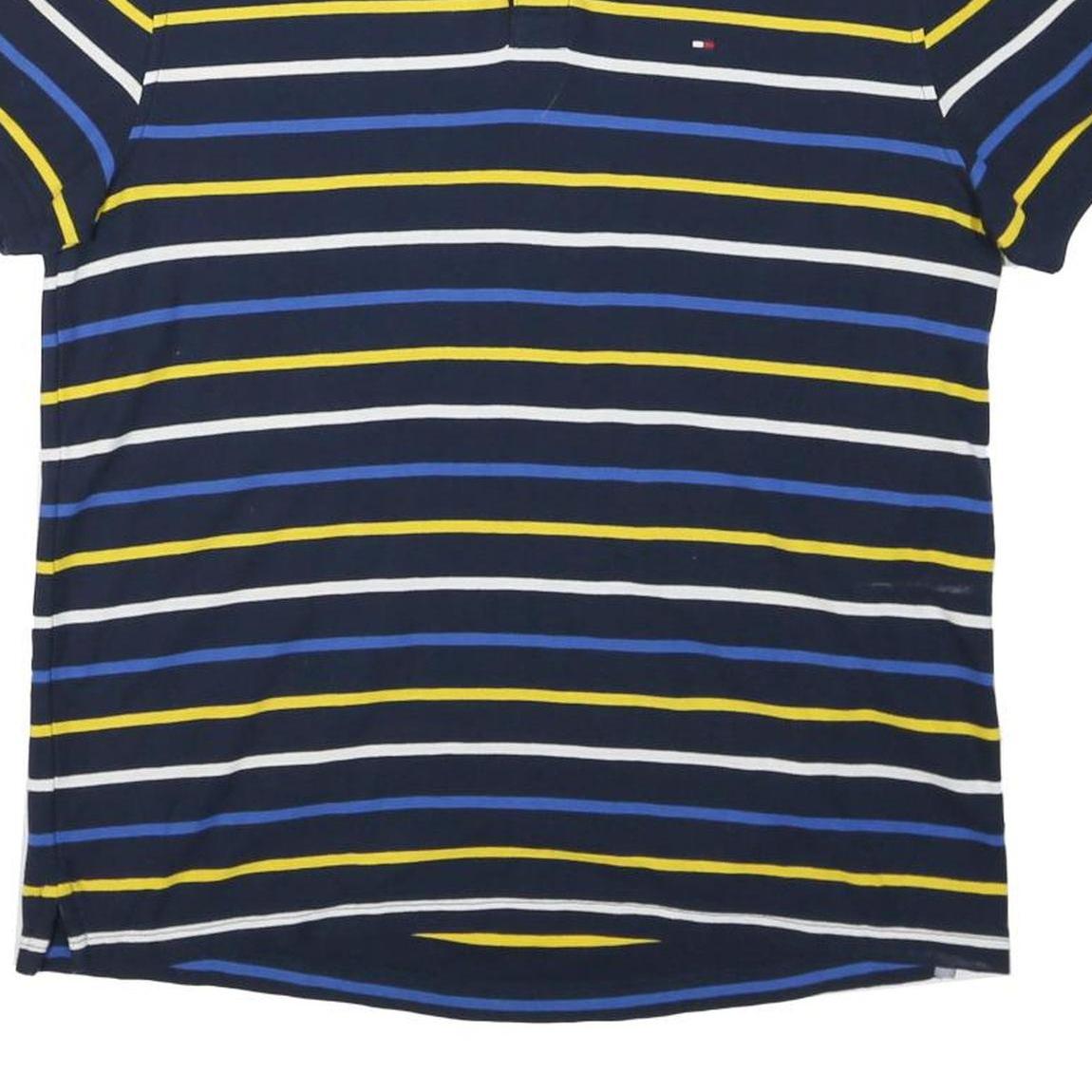 TOMMY HILFIGER Mens Navy Blue & Yellow Striped Polo Shirt Short Sleeve L