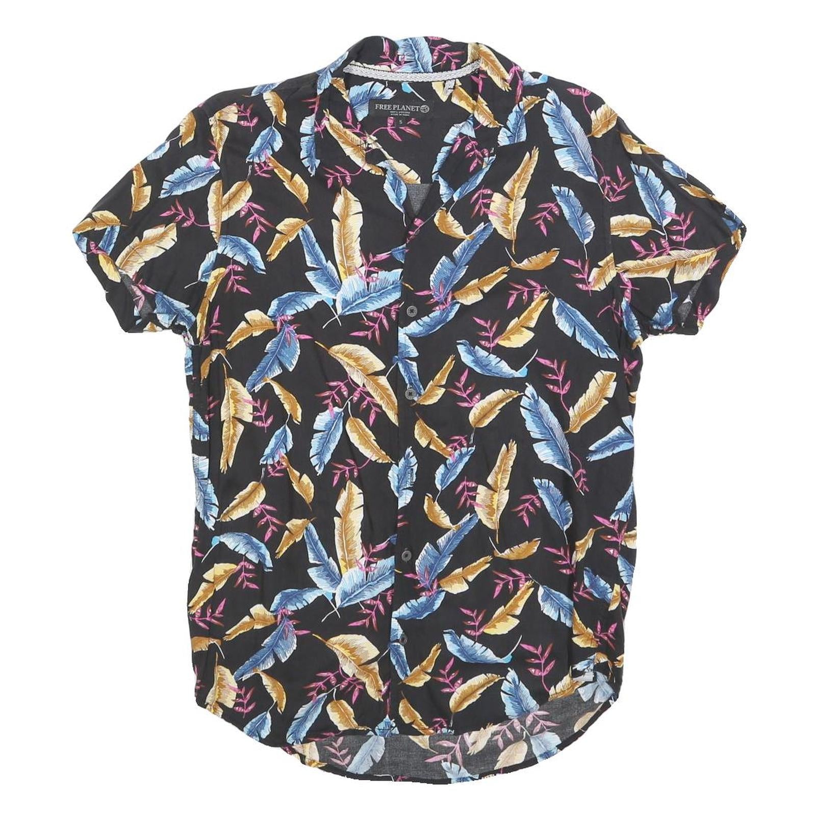 FREE PLANET Mens Black Cotton Blend Feather Print Shirt S Summer Holiday Beach