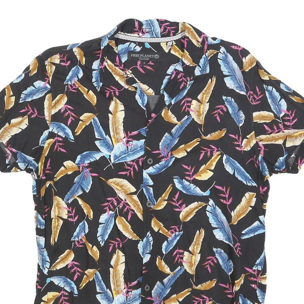 FREE PLANET Mens Black Cotton Blend Feather Print Shirt S Summer Holiday Beach
