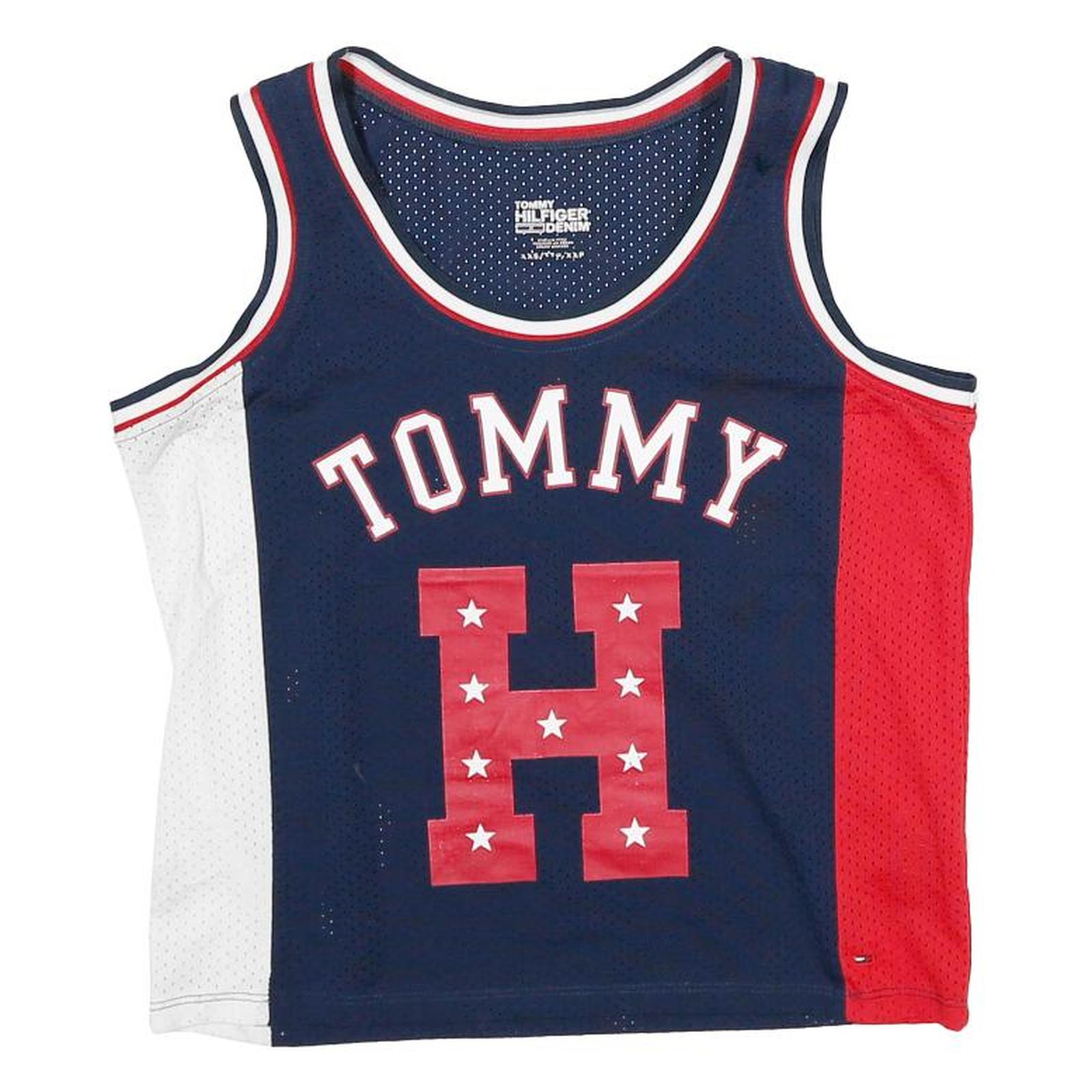 TOMMY HILFIGER Womens Blue Red & White Graphic Jersey XXS Sleeveless Crew Neck