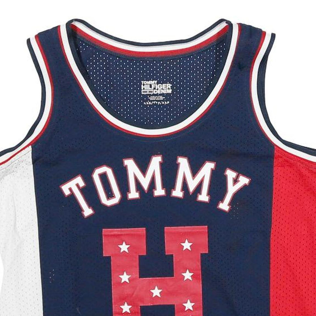 TOMMY HILFIGER Womens Blue Red & White Graphic Jersey XXS Sleeveless Crew Neck