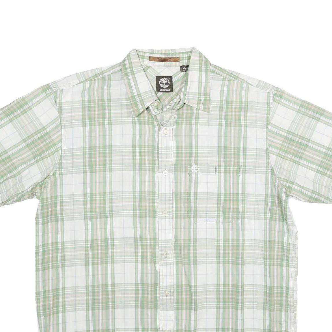 TIMBERLAND Mens White & Green Checked Cotton Blend Shirt L Casual Summer