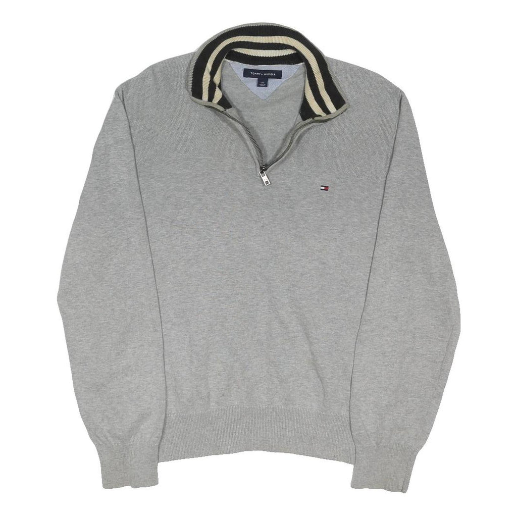 TOMMY HILFIGER Mens Grey Cotton Blend Patterned Pullover Jumper M Stripe Collar
