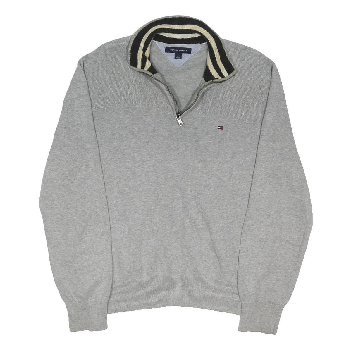 TOMMY HILFIGER Mens Grey Cotton Blend Patterned Pullover Jumper M Stripe Collar