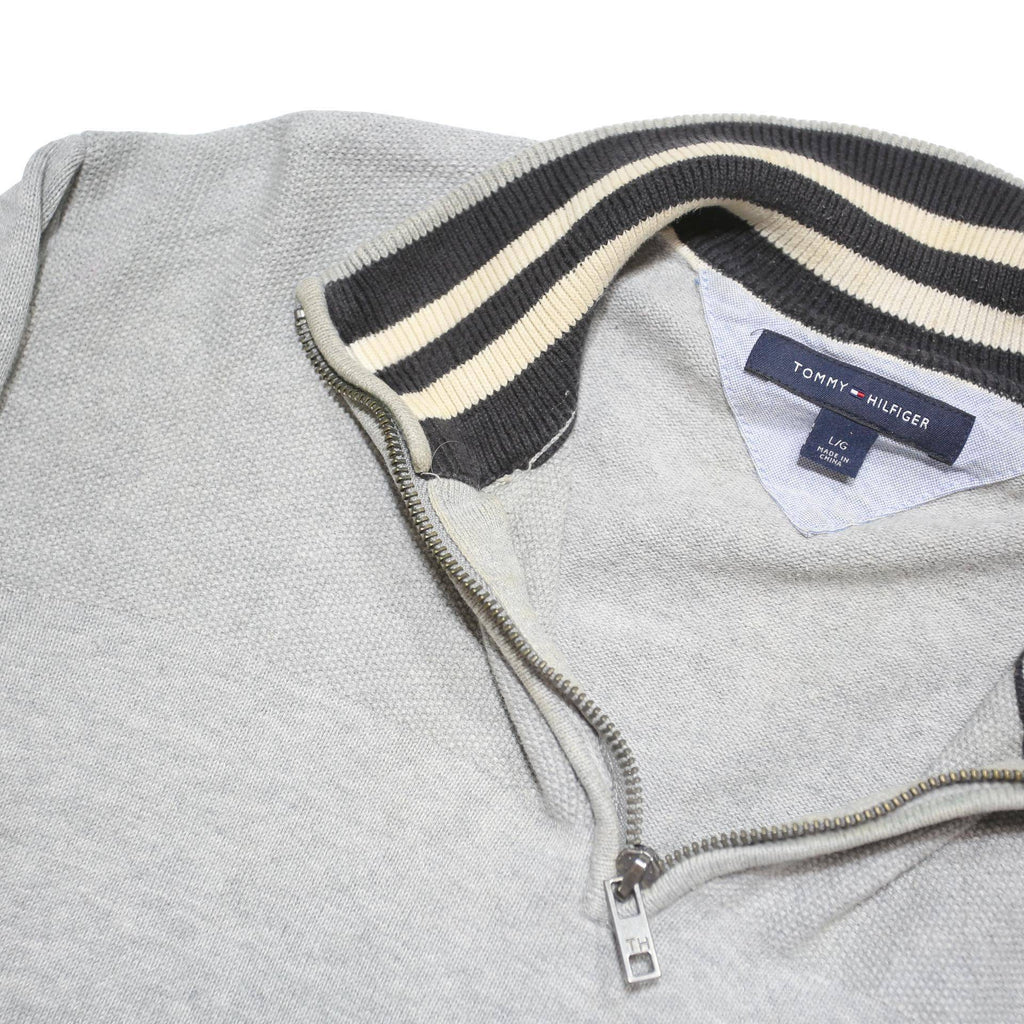 TOMMY HILFIGER Mens Grey Cotton Blend Patterned Pullover Jumper M Stripe Collar