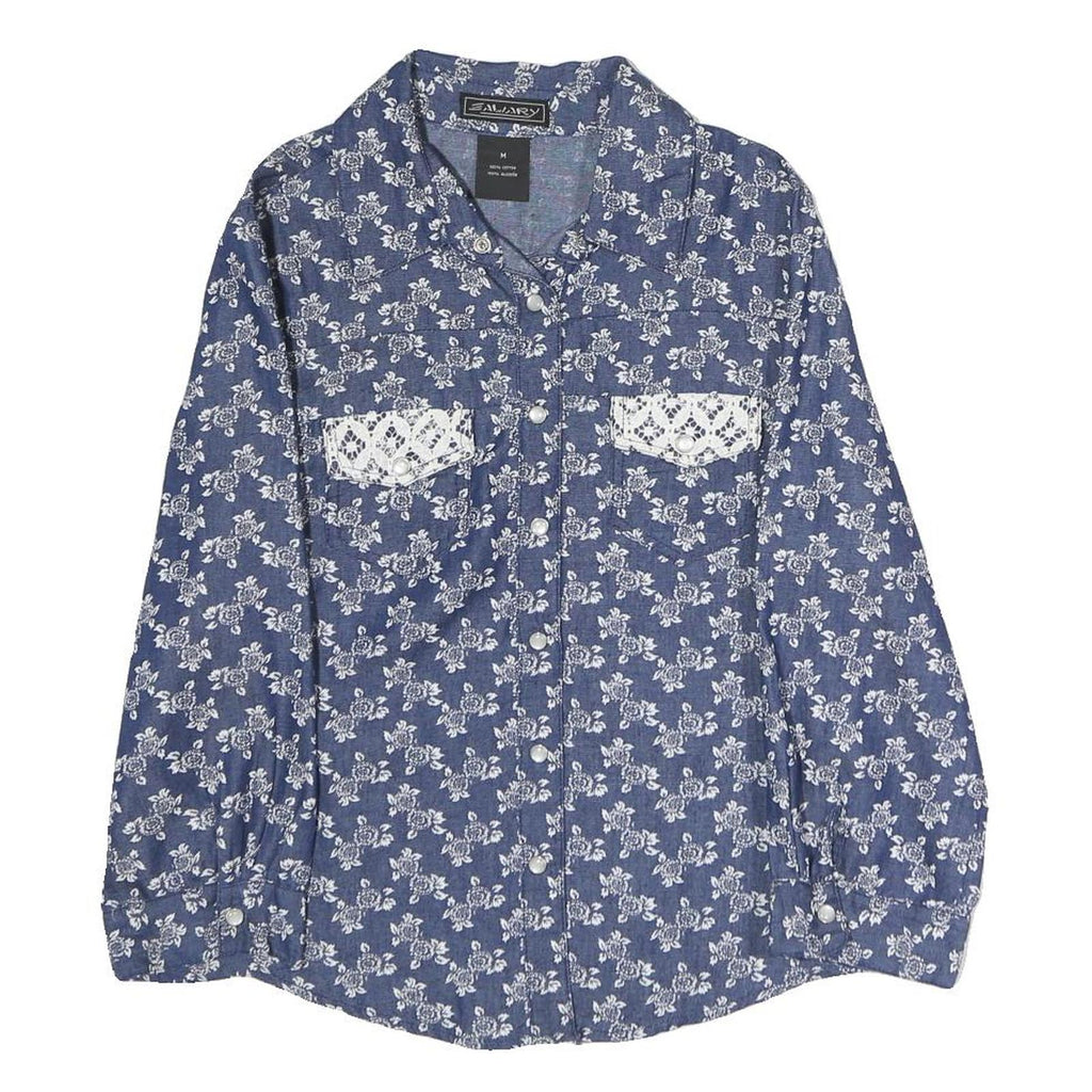 Womens Blue Floral Cotton Blend Shirt S Lace Pocket Detail Casual Elegant
